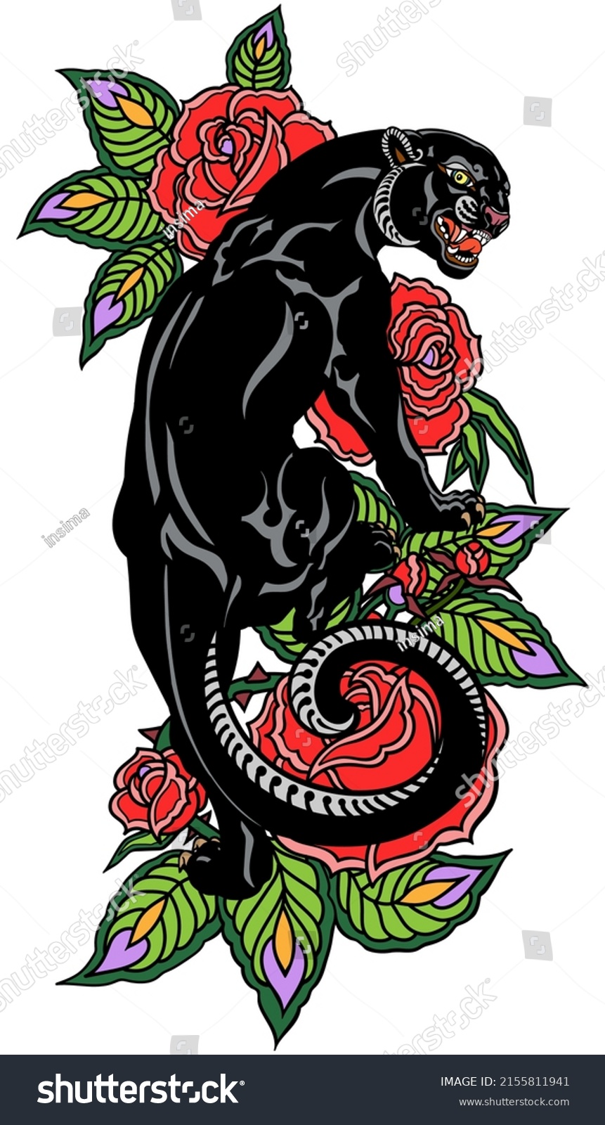 Roaring Panther Climbing Blooming Roses Angry Stock Vector (Royalty ...