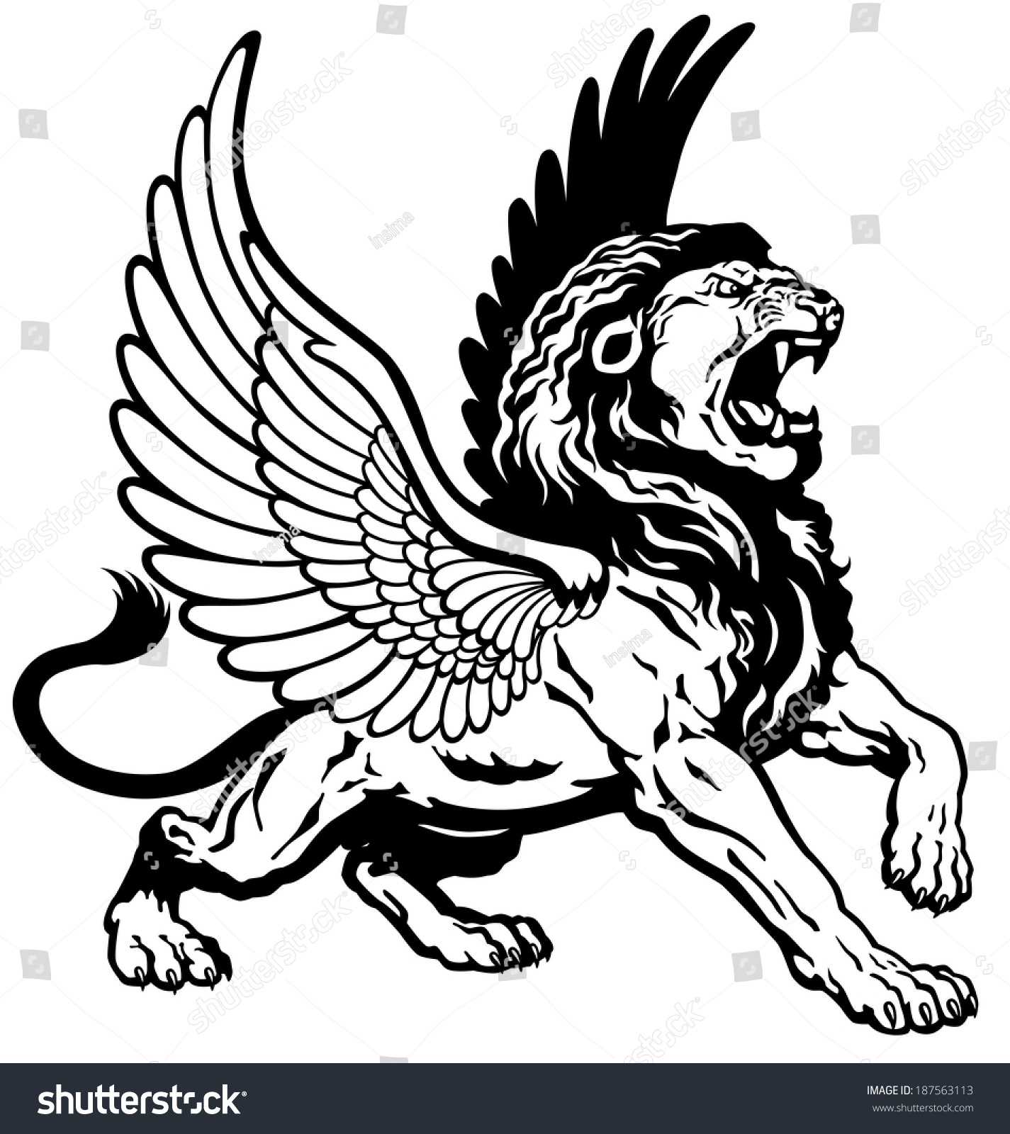 Roaring Winged Lion, Mythological Creature, Black And White Image Stock ...