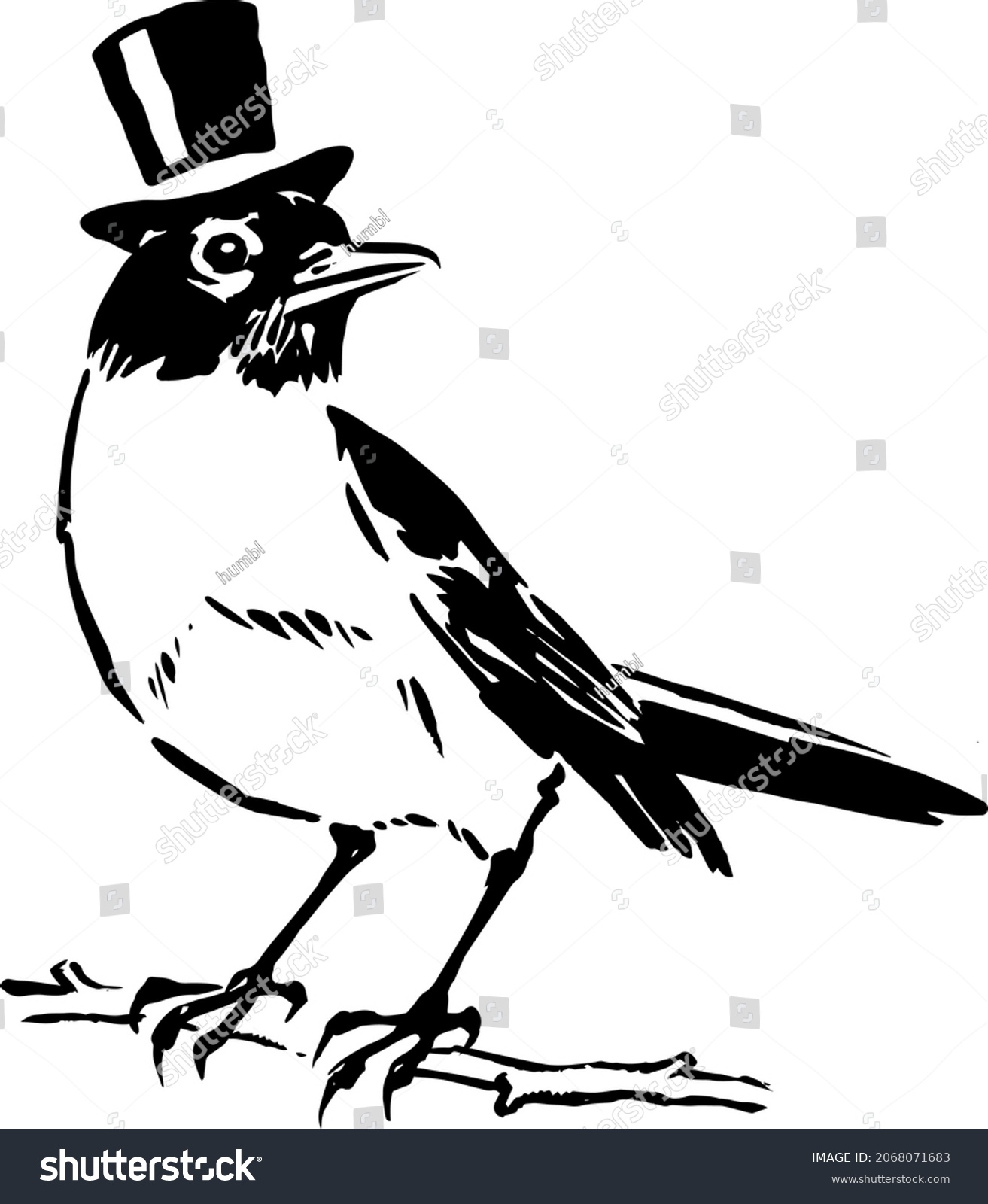 bird wearing top hat, black and white clip art preview
