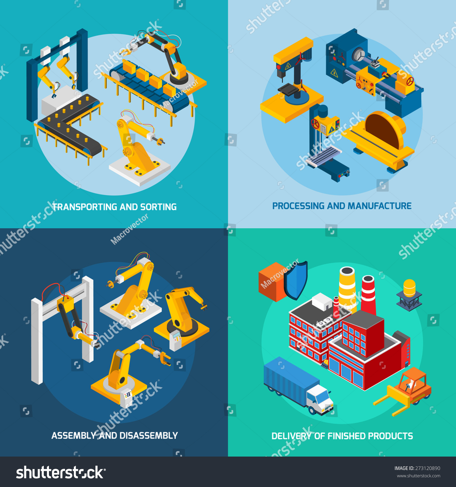 Robot Machinery Design Concept Set With Transporting Sorting Processing ...