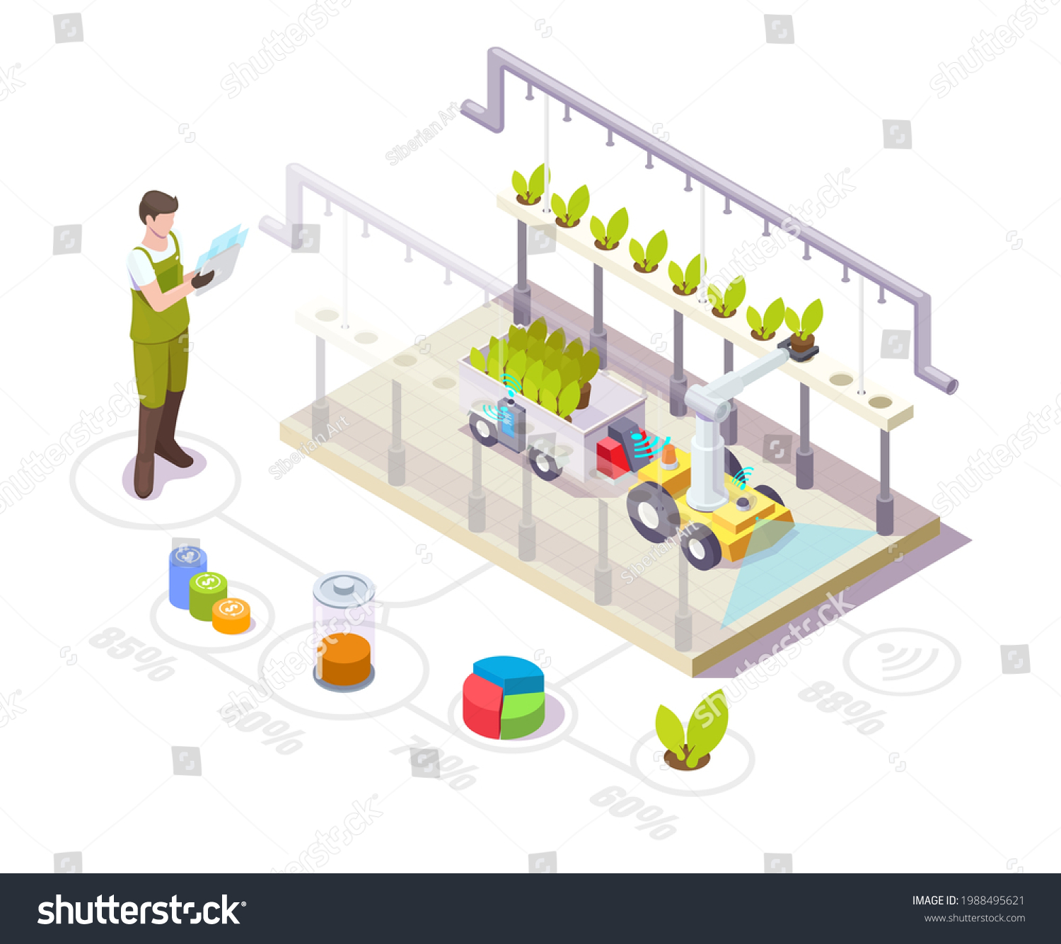 SVG of Robot working in greenhouse, flat vector isometric illustration. Automated glasshouse with robotic arm. Smart greenhouse horticulture robotics. Smart farming industry. svg