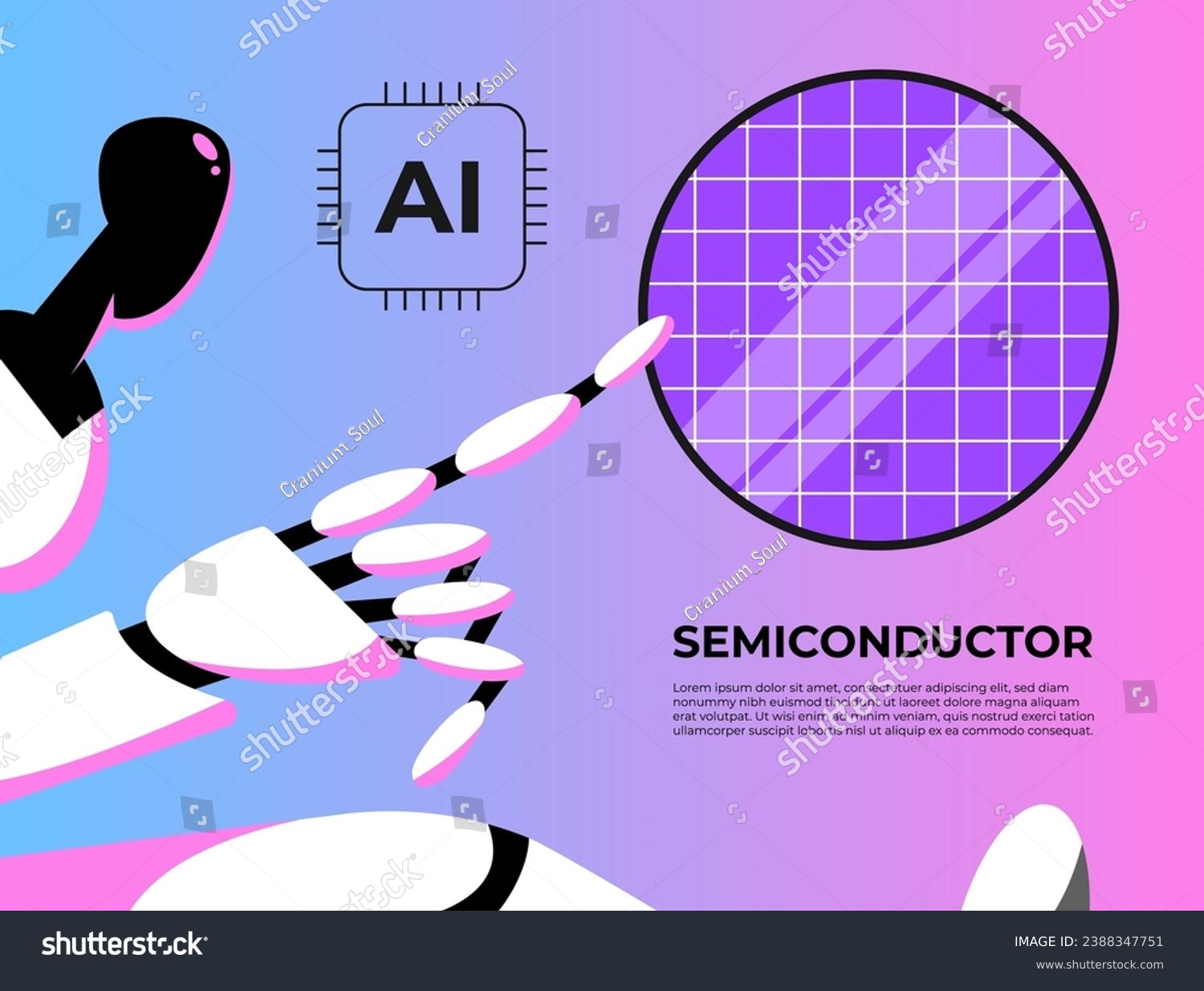 SVG of Robot working in the semiconductor industry. Development of chips for AI. Artificial intelligence on semiconductor elements. Flat vector illustration in cartoon style. svg