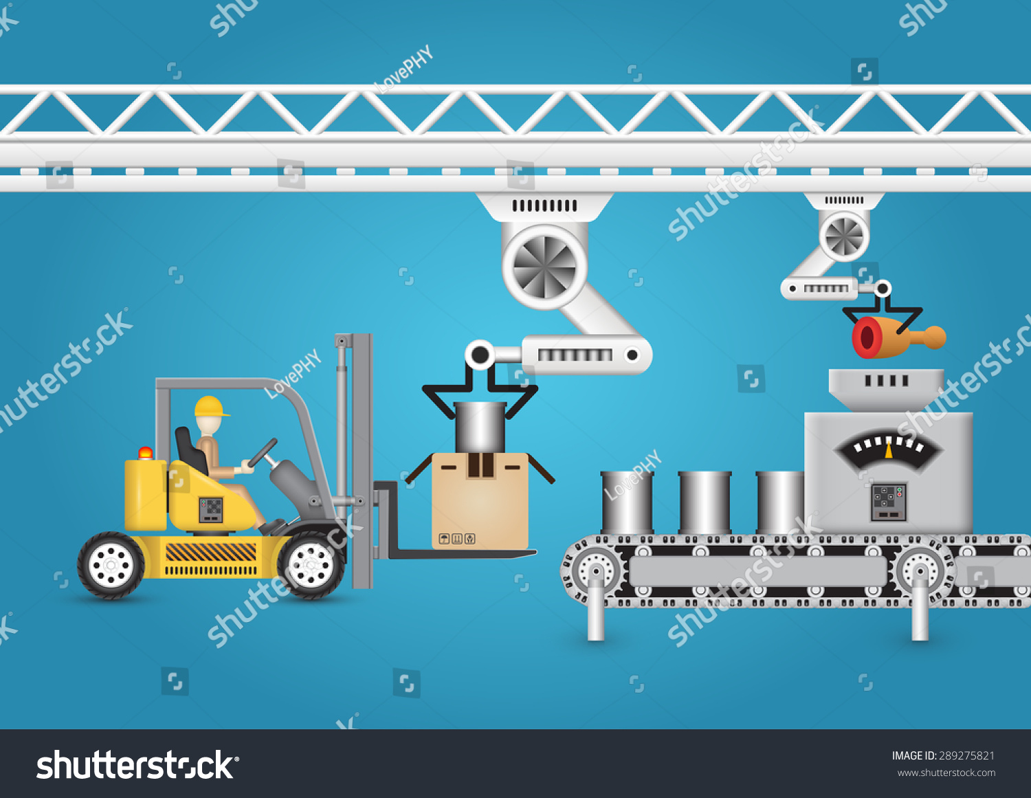 Robot Working With Conveyor Belt And Forklift. Stock Vector ...