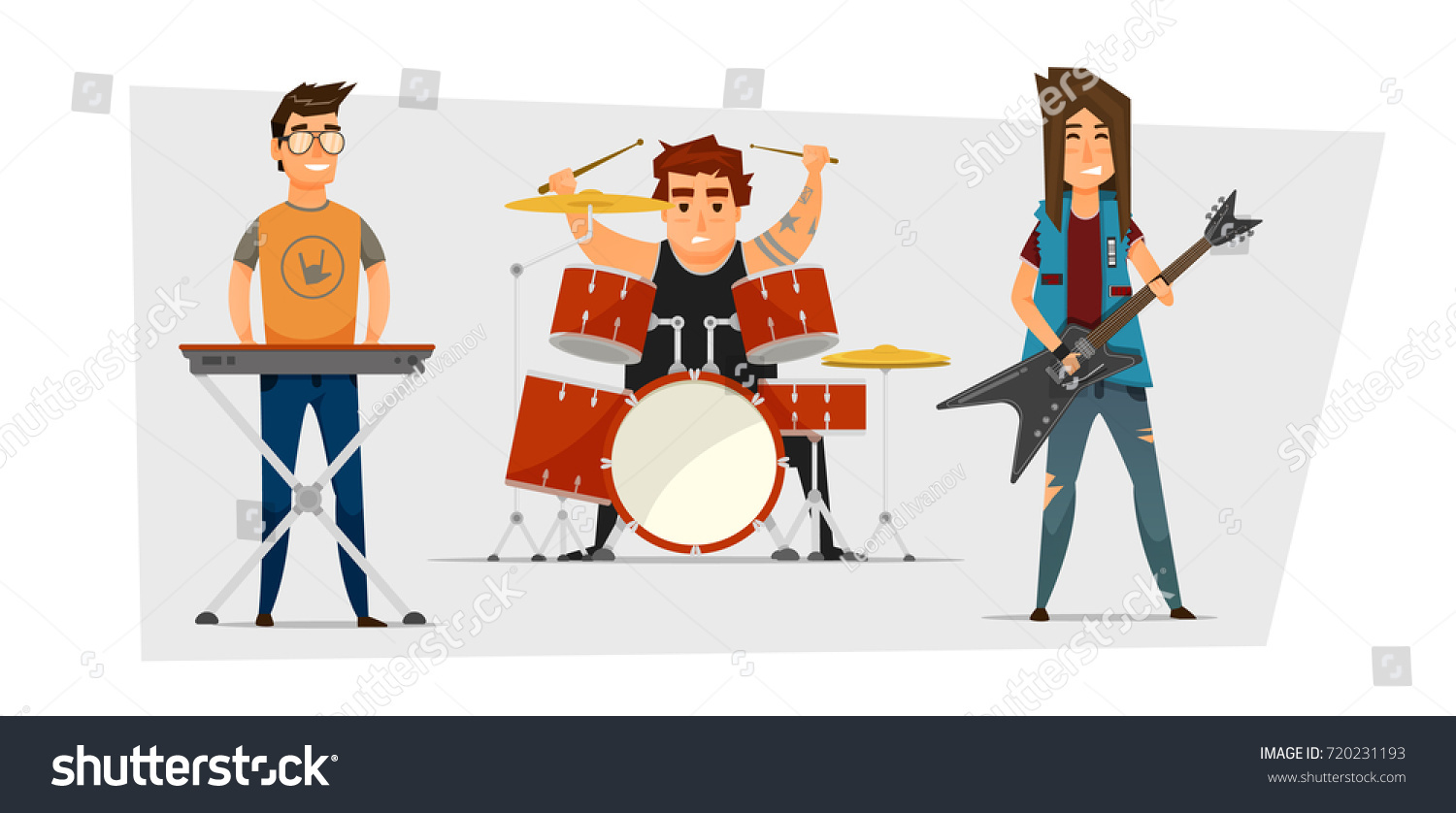 Rock Band Man Playing Guitar Drummer Stock Vector 720231193 - Shutterstock