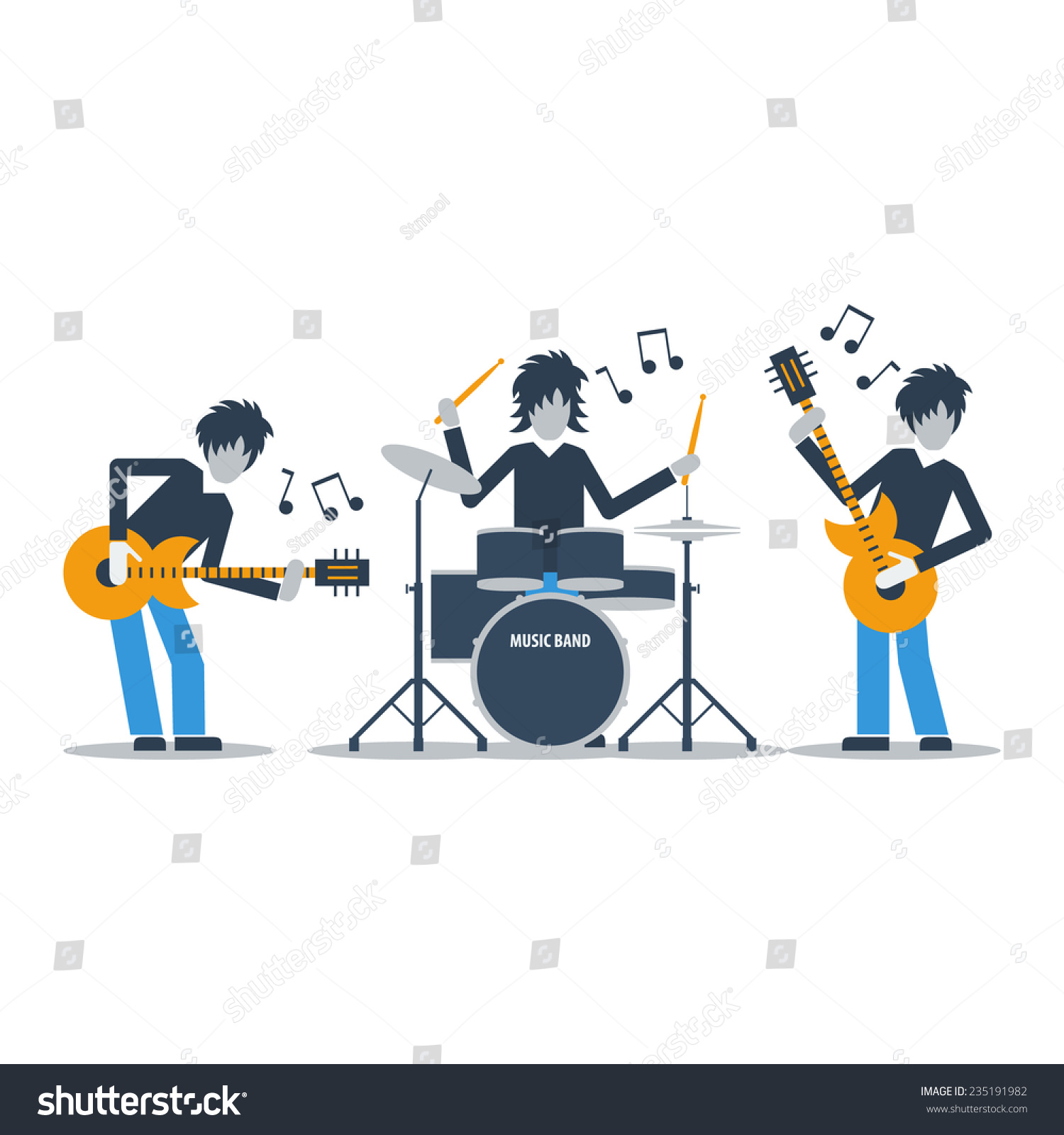 SVG of Rock group music band, live performance, club concert, audition competition. Guitarists and drums playing music, three musicians, rehearsal concept, vector flat illustration svg