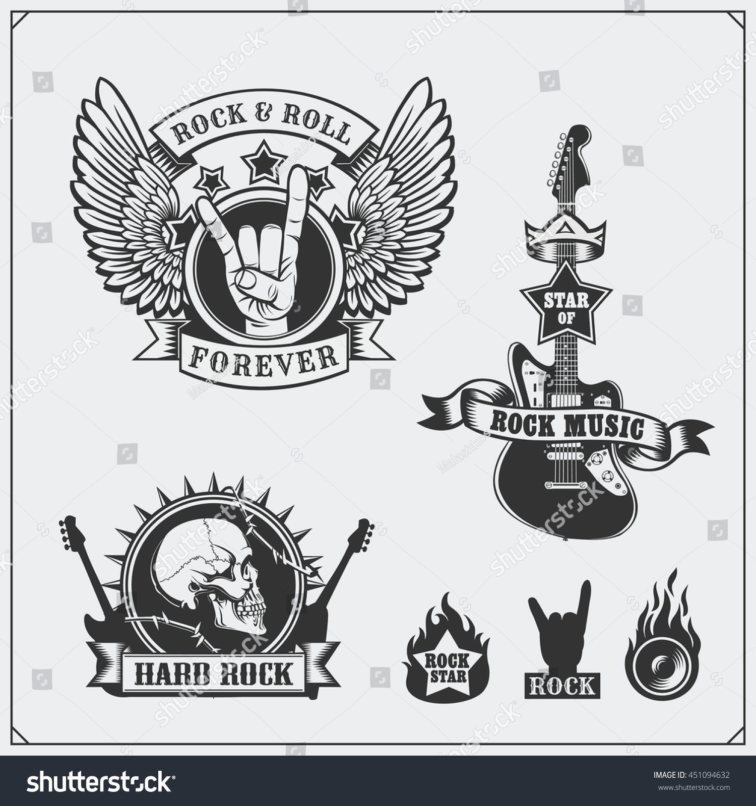 Rocknroll Music Symbols Labels Logos Design Stock Vector (Royalty Free ...