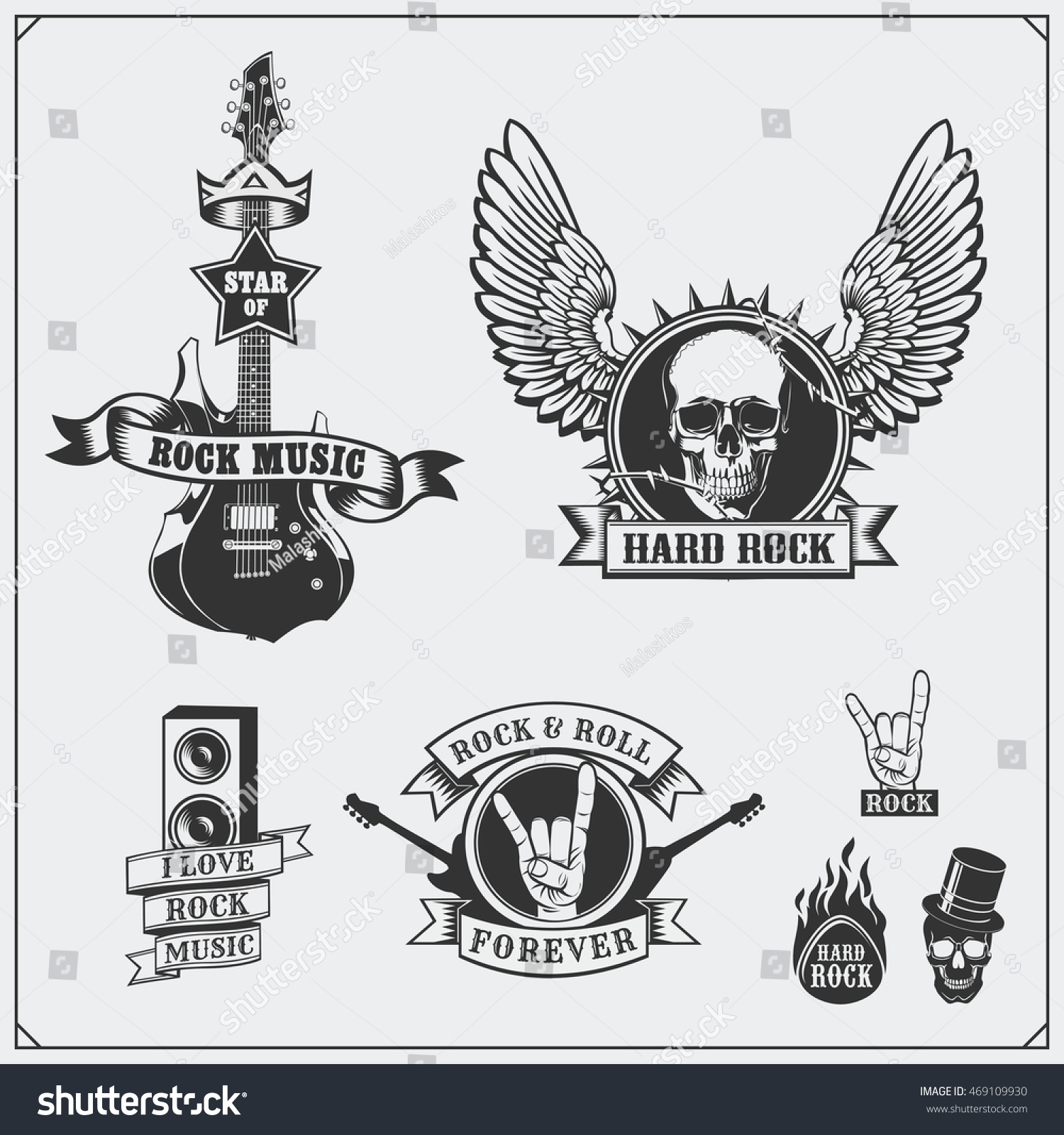 Rocknroll Music Symbols Labels Logos Design Stock Vector (Royalty Free ...