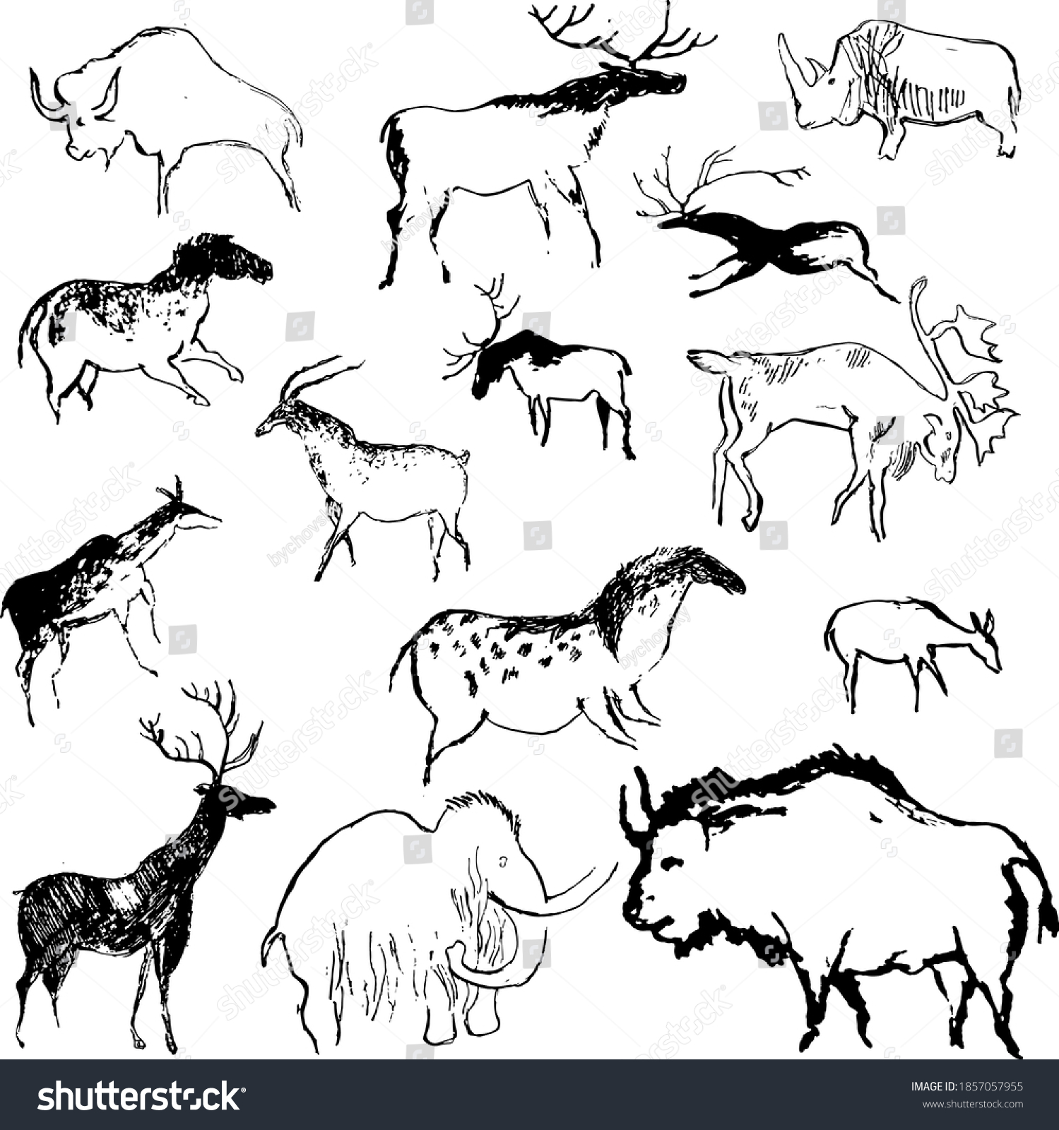 14 492 Im Genes De Primitive Cave Im Genes Fotos Y Vectores De Stock   Stock Vector Rock Painting Cave Old Art Symbol Hand Drawn Vector Illustration Prehistoric Animal Art Of 1857057955 