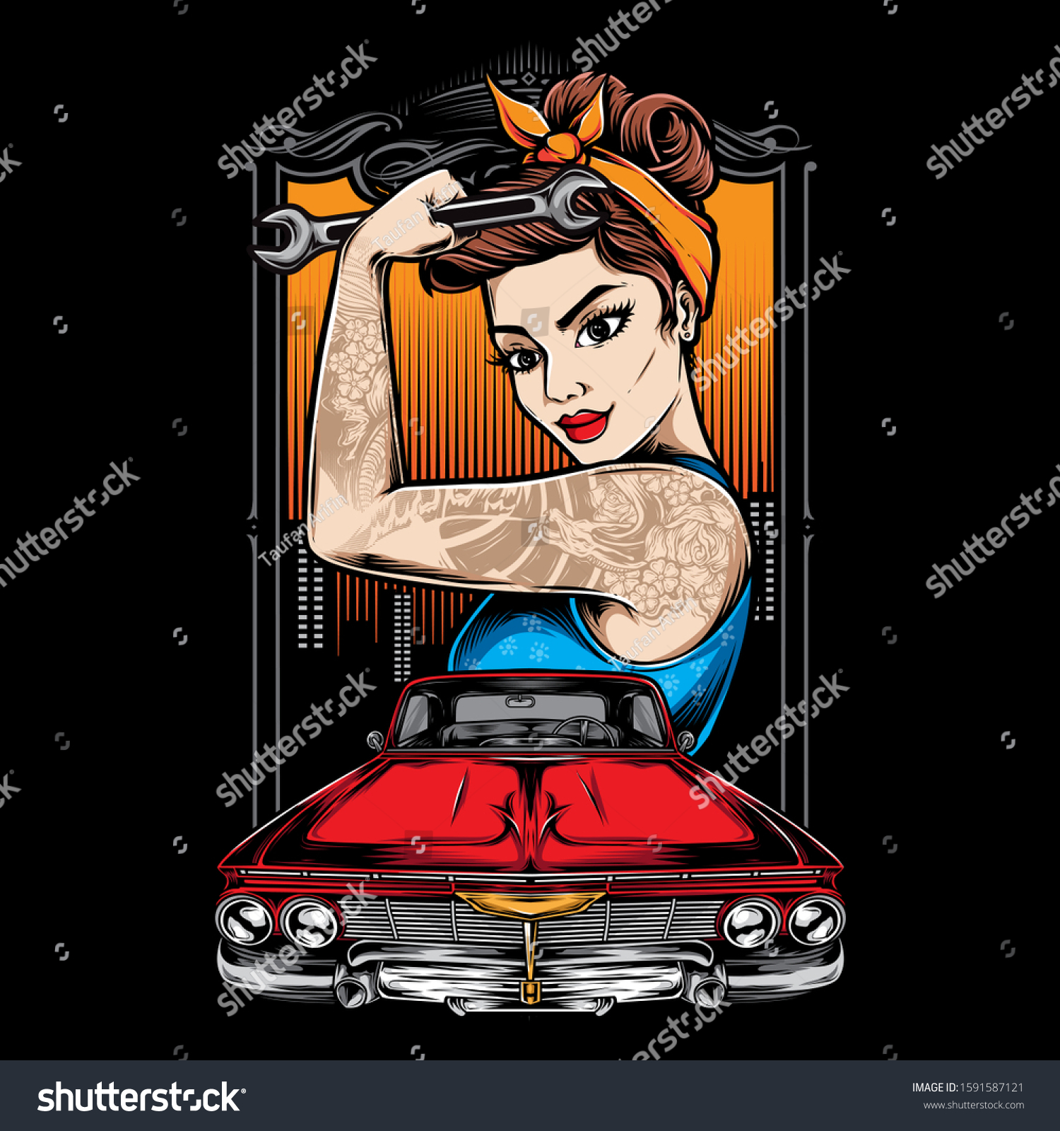 SVG of rockabilly girl with lowrider car vector svg