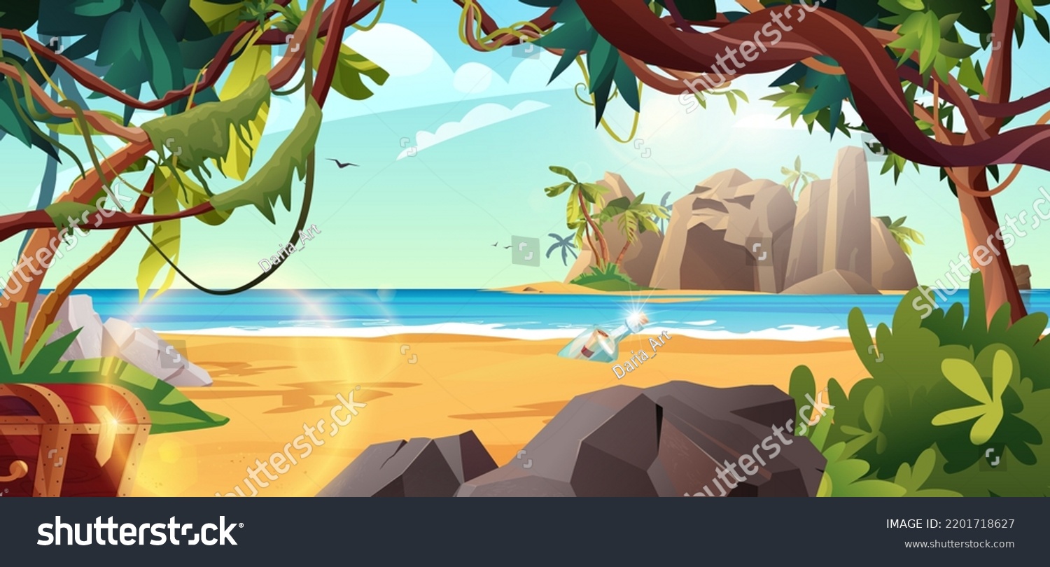 SVG of Rocky island with treasure chest and palm trees in the ocean. Bottle with paper message in it. Cartoon vector illustration for 2d game or adventure quest. svg