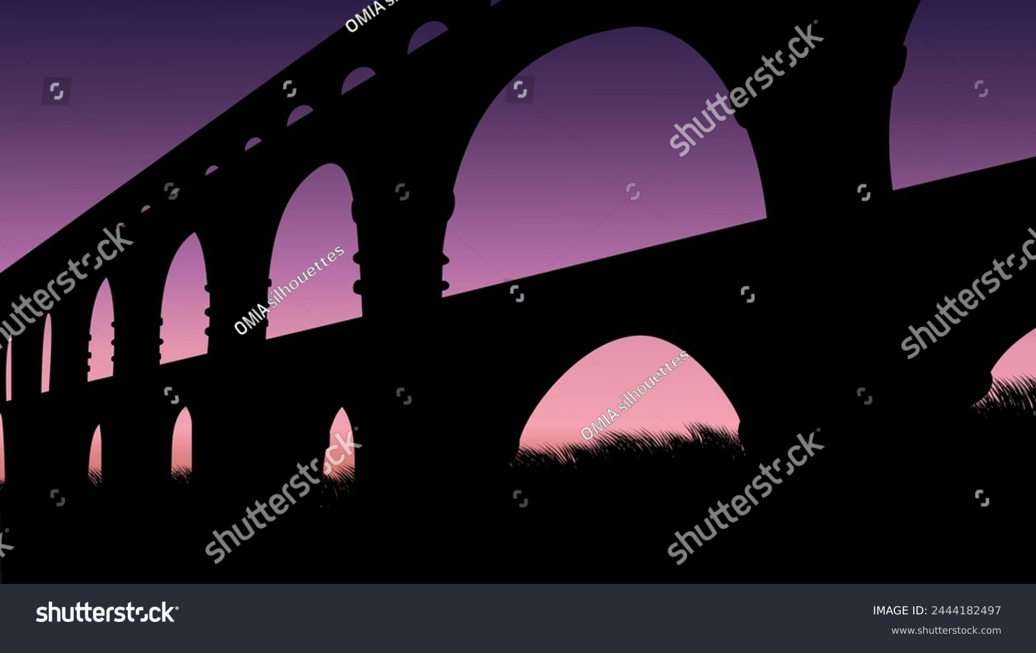 SVG of Roman aqueduct bridge landscape, flat color illustration svg