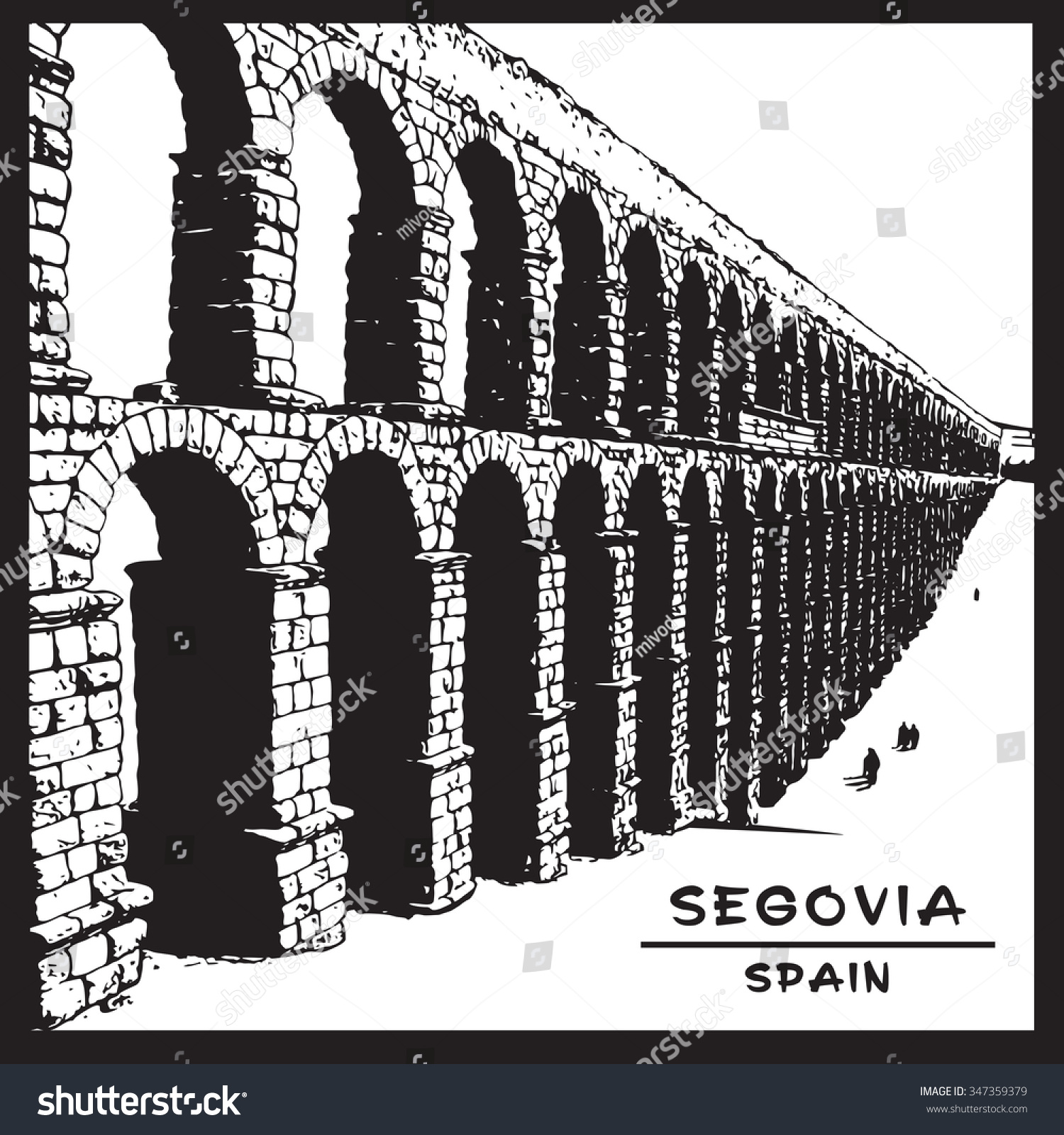 SVG of Roman aqueduct of Segovia. National symbol of Spain. Black and white image.
Vector illustration in engraving style. svg