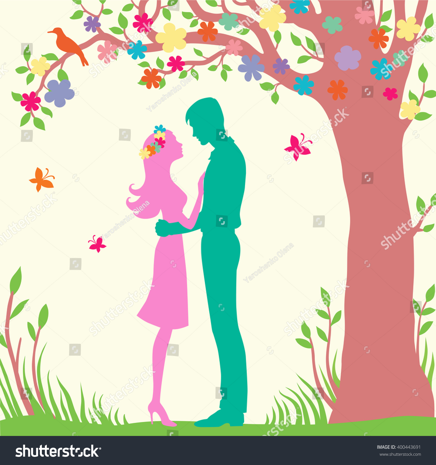 Romantic Couple Stay Under Tree Vector Stock Vector (Royalty Free ...