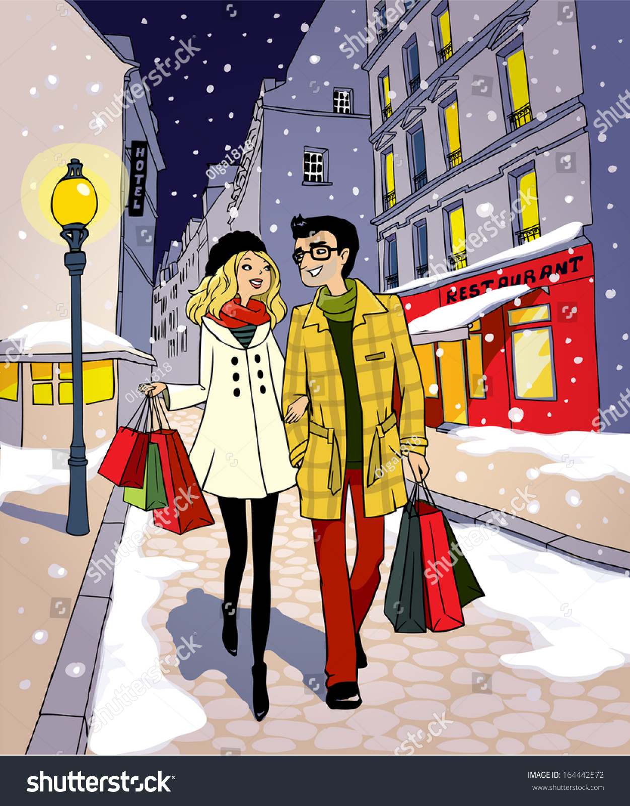 Romantic Couple Walking Around Christmas Streets Stock Vector 164442572 ...