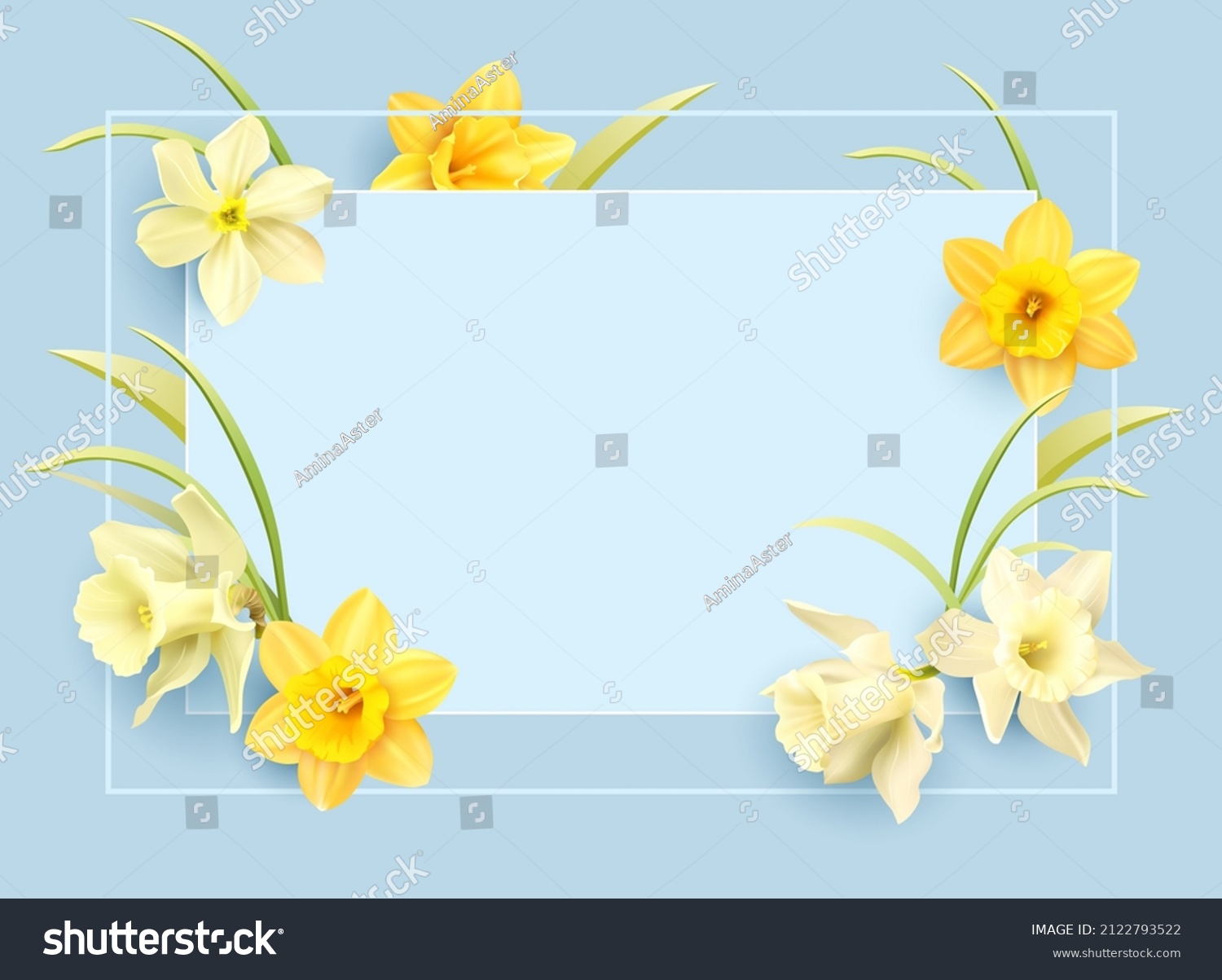 SVG of Romantic delicate background with floral border of daffodils. Template for greeting card, invitation. Vector illustration. svg