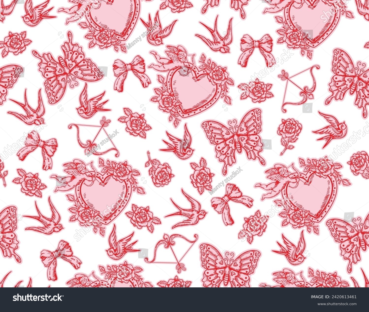 SVG of Romantic hand drawn  Love Theme Tattoo art  seamless pattern. Heart, angel, cupid, butterfly, rose in trendy retro style. Vector,Design for fashion , fabric,  wrapping and all prints  svg