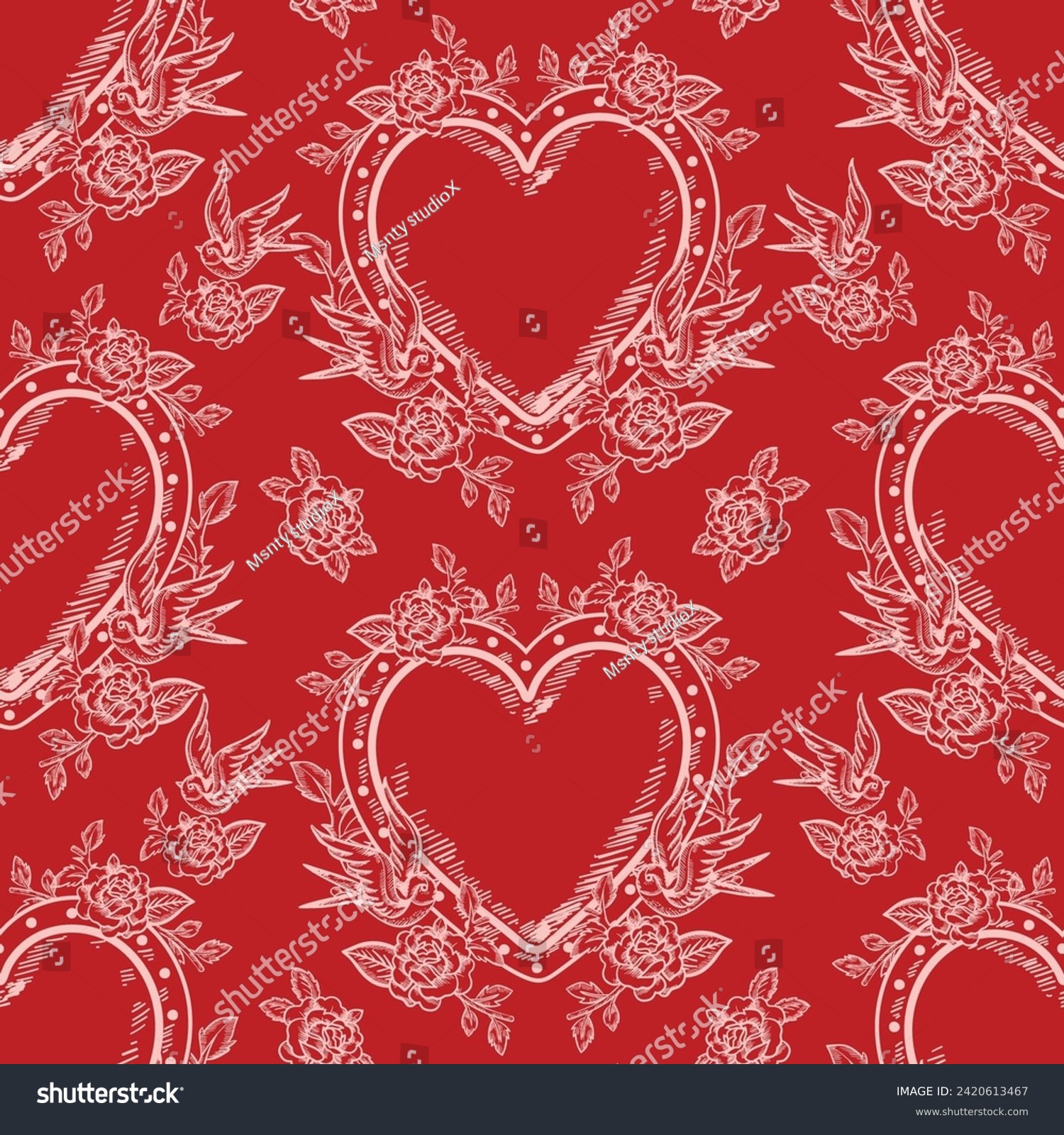 SVG of Romantic hand drawn  Love Theme Tattoo art  seamless pattern. Heart, angel, cupid, butterfly, rose in trendy retro style. Vector,Design for fashion , fabric, wrapping and all prints  svg