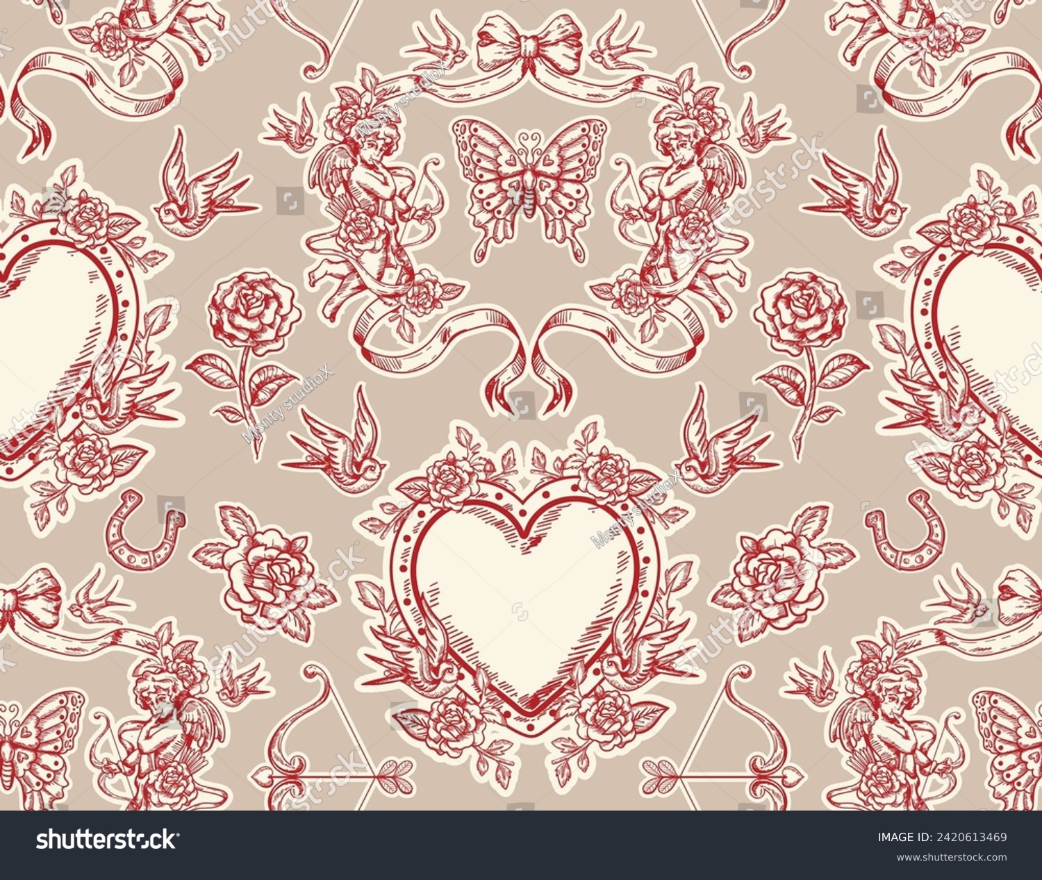 SVG of Romantic hand drawn  Love Theme Tattoo art  seamless pattern. Heart, angel, cupid, butterfly, rose in trendy retro style. Vector,Design for fashion , fabric and all prints svg