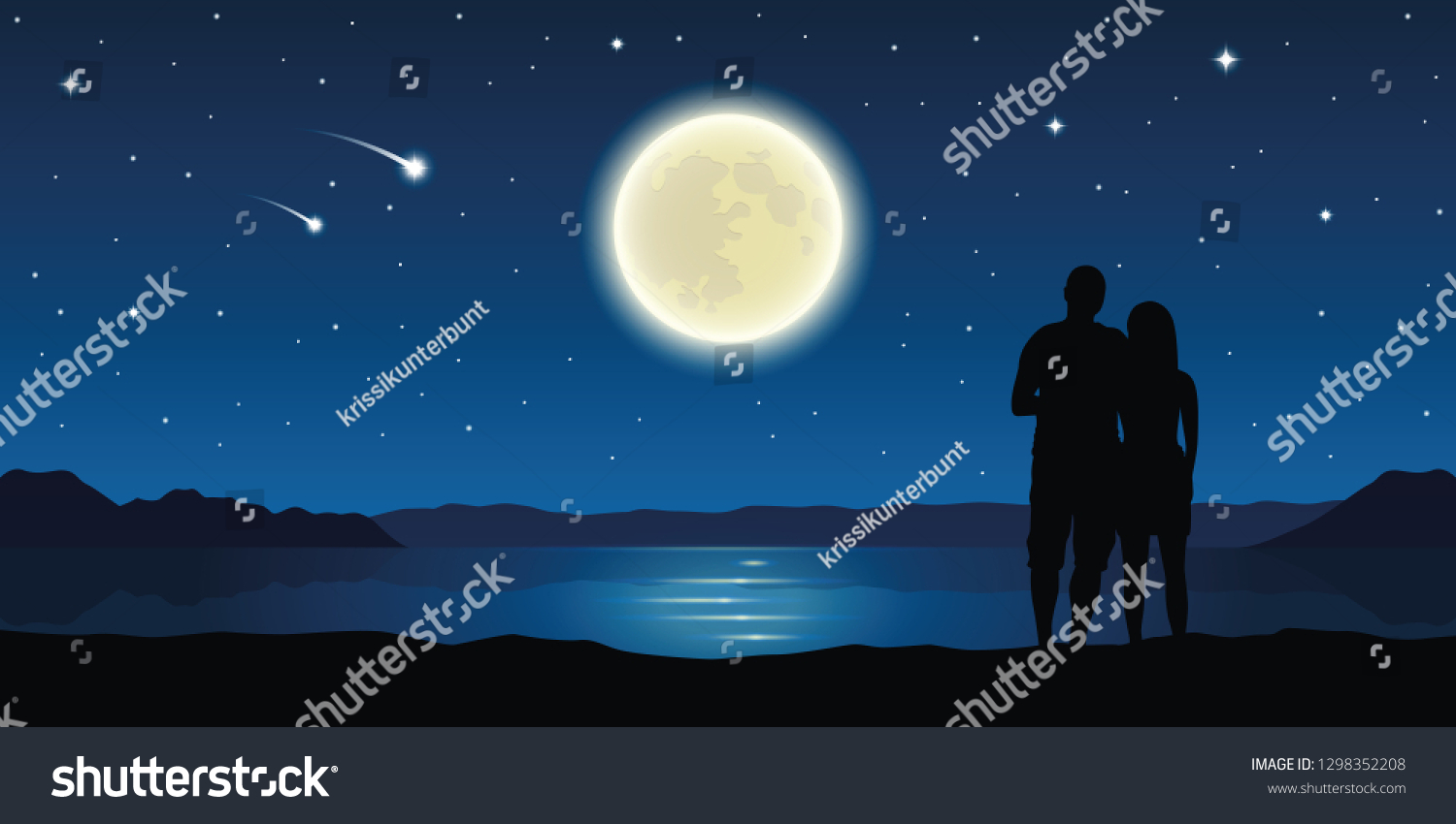 Romantic Night Couple Love Lake Full Stock Vector (royalty Free) 1298352208