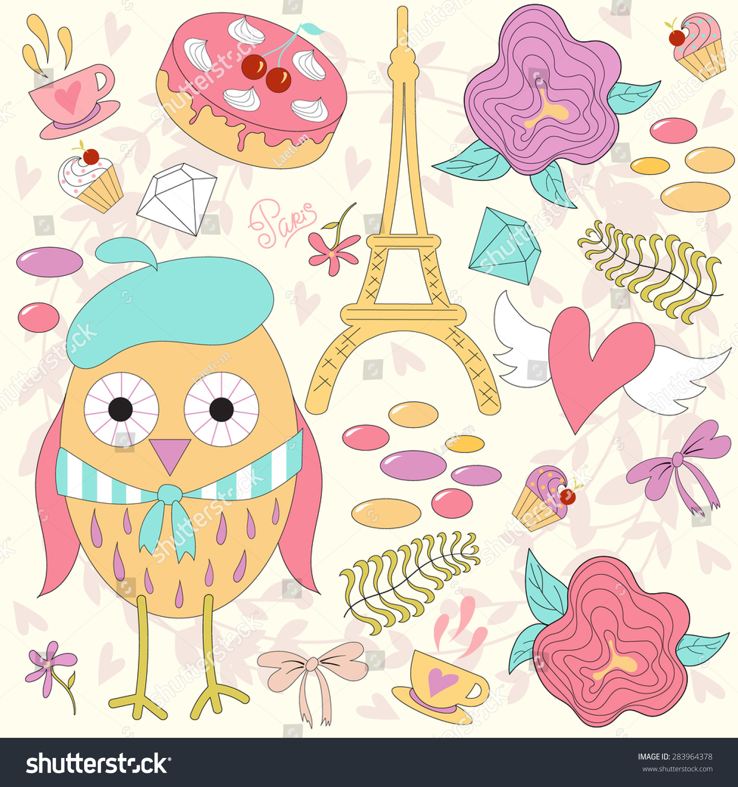 Romantic Set Cute Cartoon Owl Paris Stock Vector 283964378
