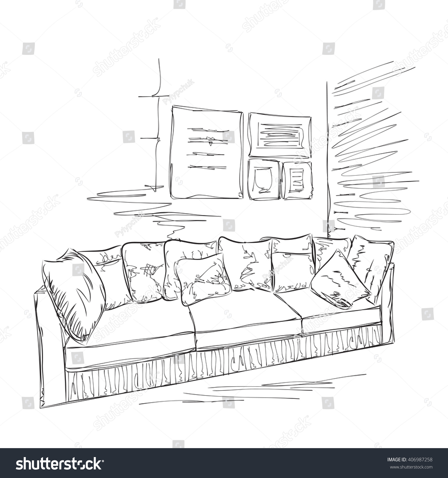 Room Interior Sketch Hand Drawn Sofa Stock Vector Royalty Free 406987258 7110