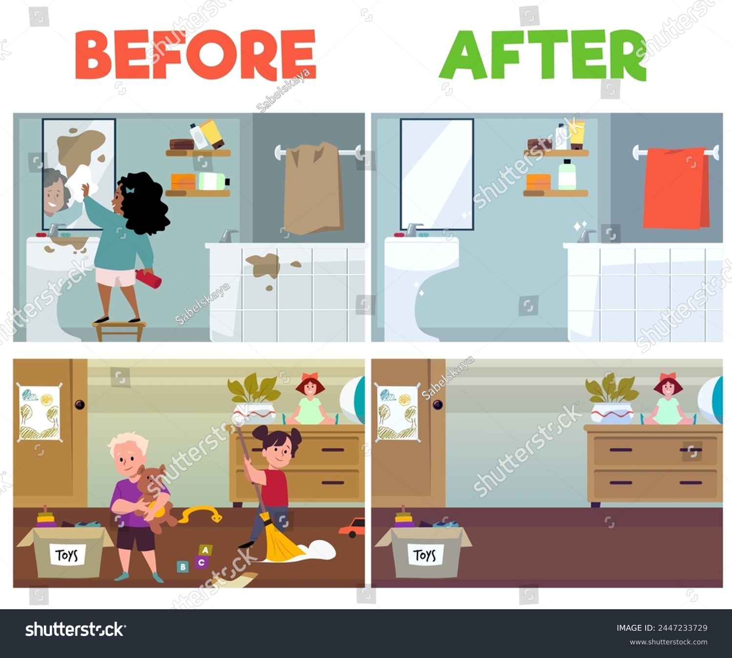 SVG of Rooms before and after children's cleaning flat style, vector illustration isolated on white background. Kid washing mirror and bathroom, smiling boy and girl collect toys and sweep svg