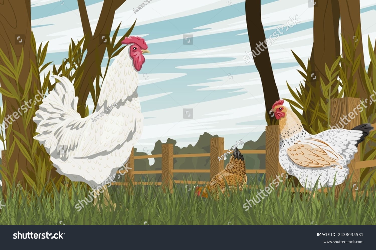SVG of Rooster and hens are walking in a poultry yard with a wooden fence. Farm bird. Agricultural vector realistic landscape svg