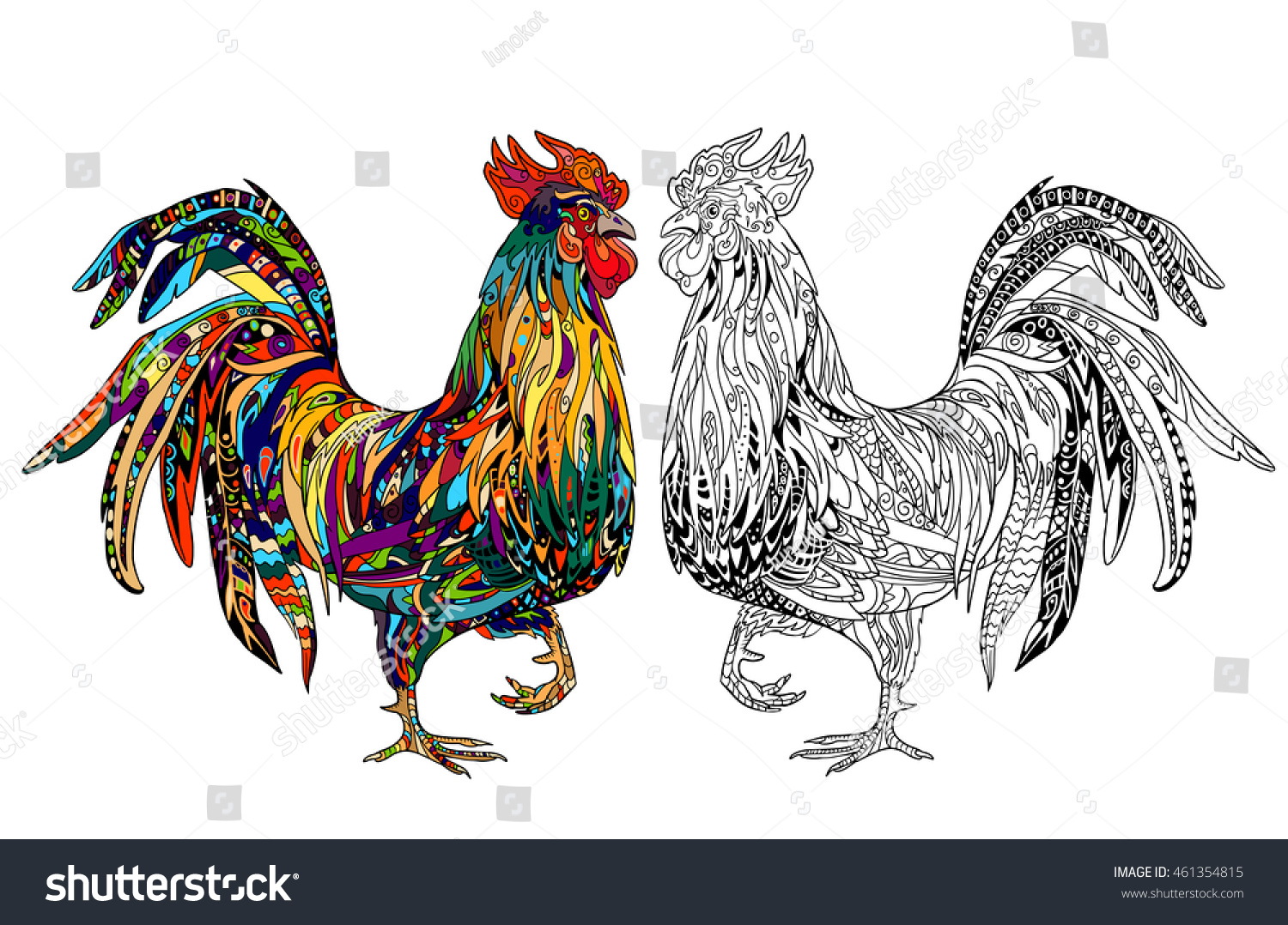 Rooster Coloring Book Page Black Ink Stock Vector 461354815 Illustration
