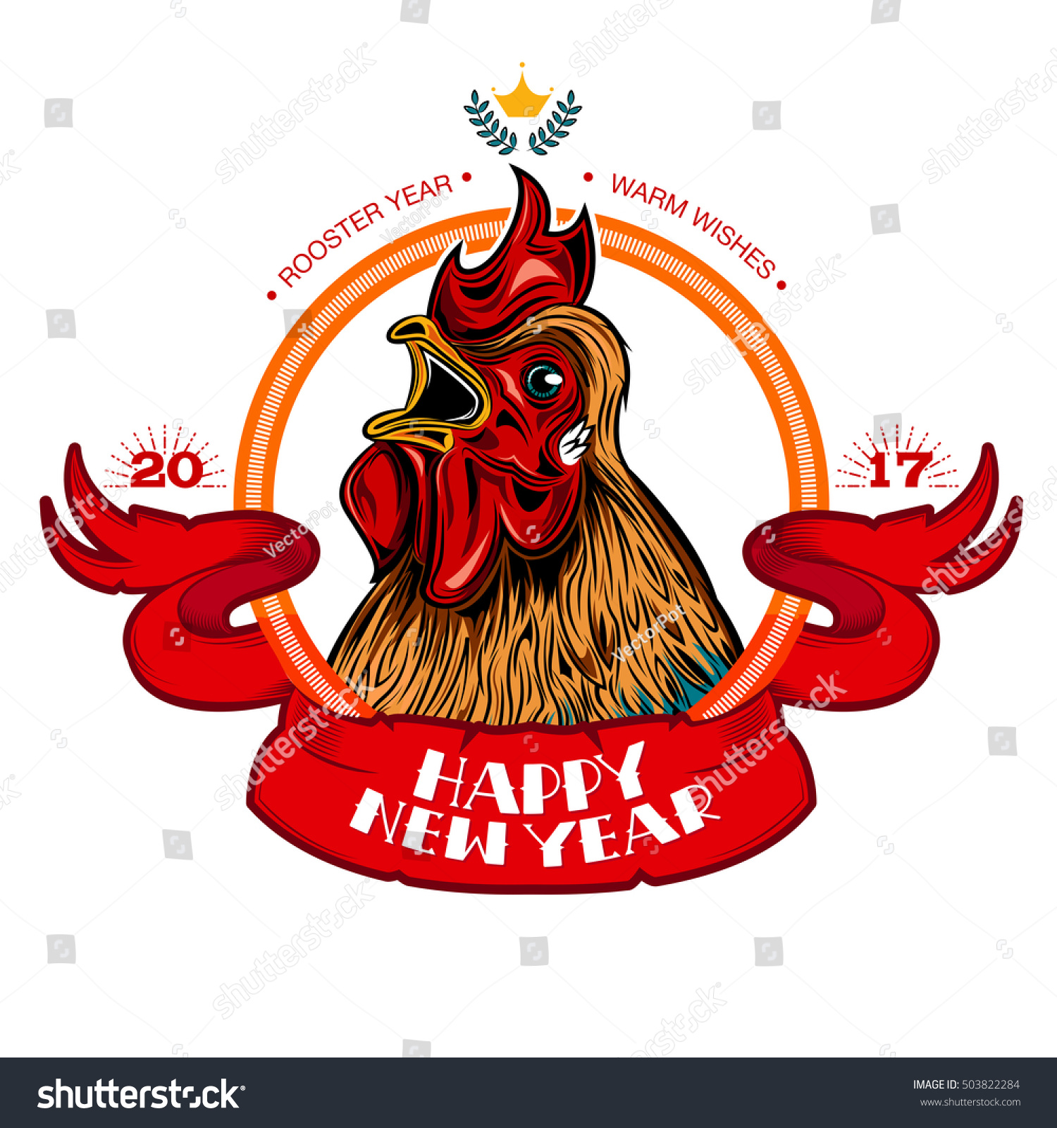 Rooster Year Emblem Red Orange Colors Stock Vector (Royalty Free) 503822284