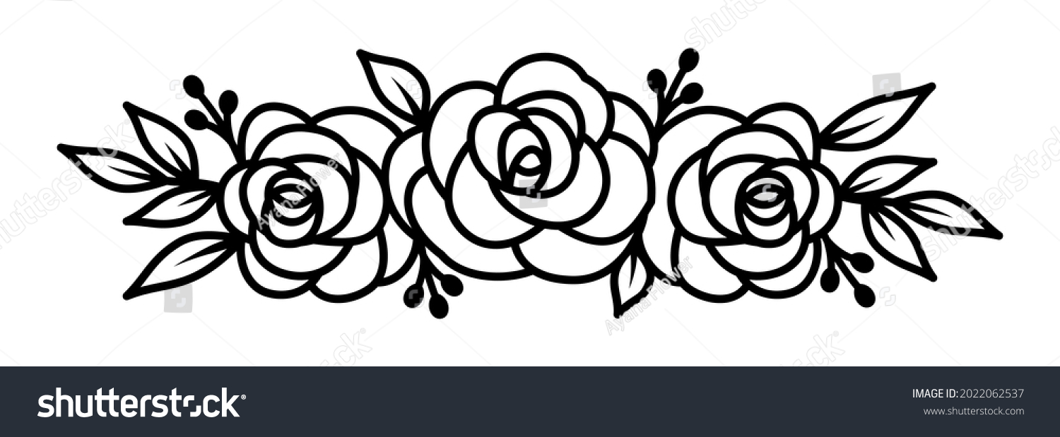 SVG of Rose flower bouquet triple, line design element, black white, vector illustration svg