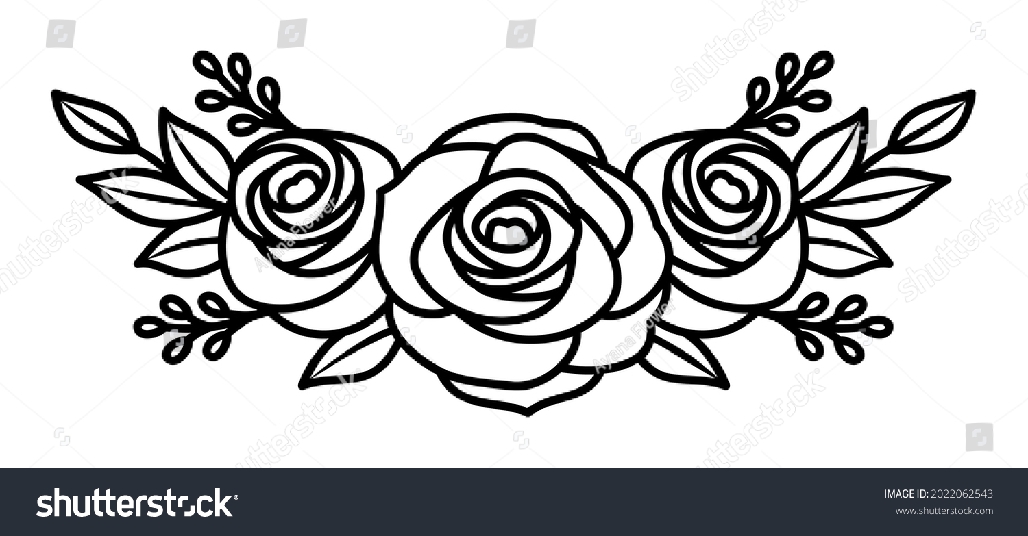 SVG of Rose flower bouquet triple, line design element, black white, vector illustration svg