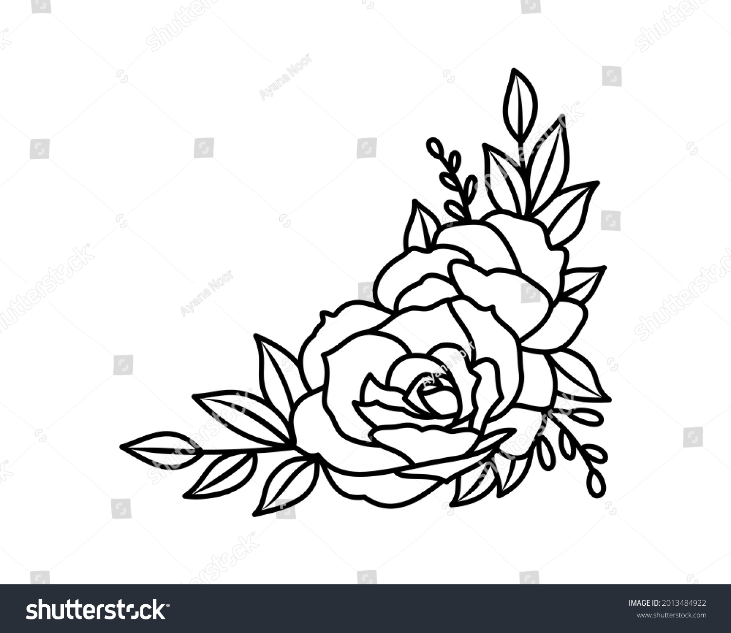 SVG of Rose flower corner decorative bouquet line design element. Black and white vector illustration svg