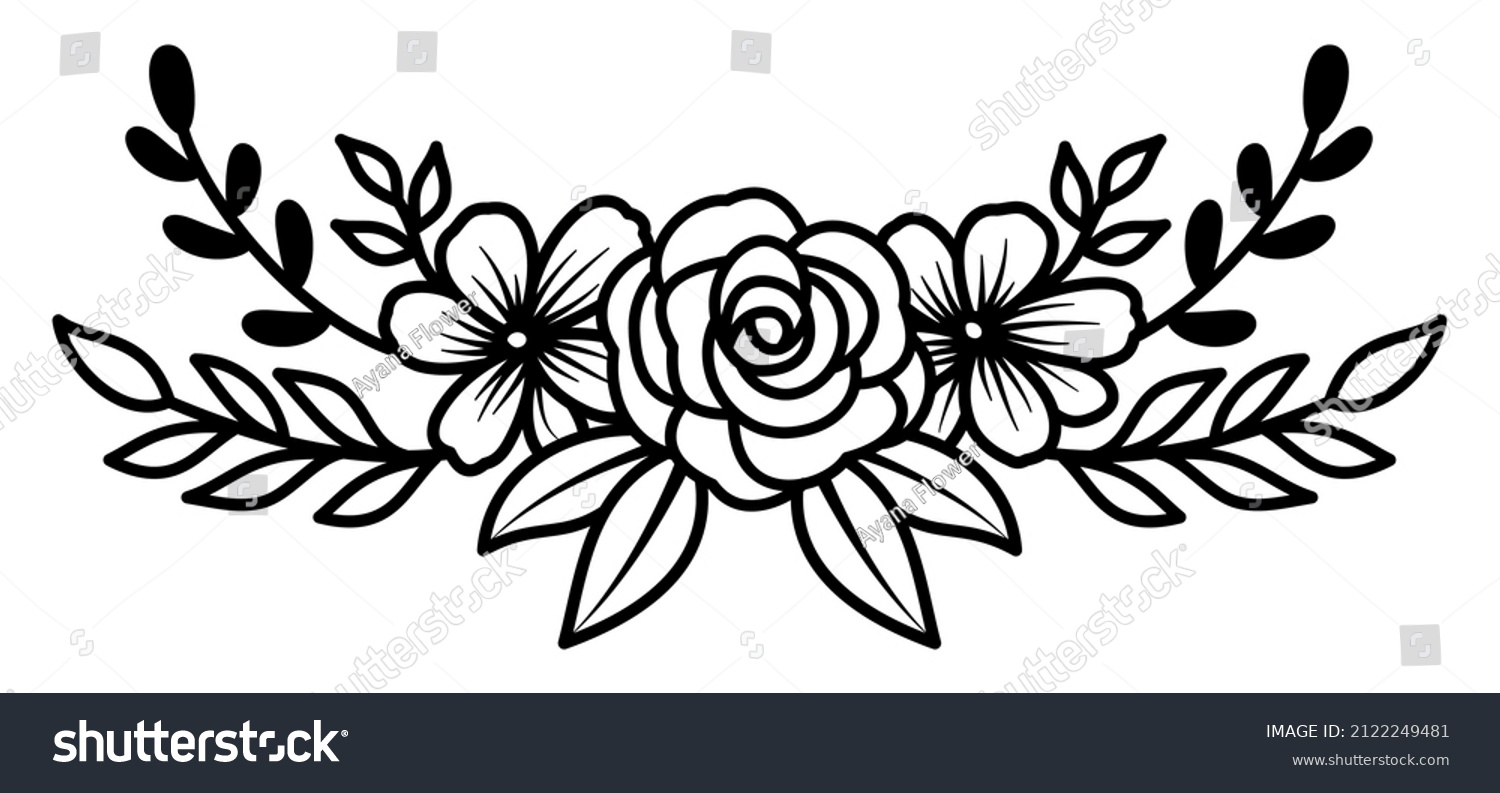 SVG of Rose lily flower bouquet triple, line design element, black white, vector illustration svg