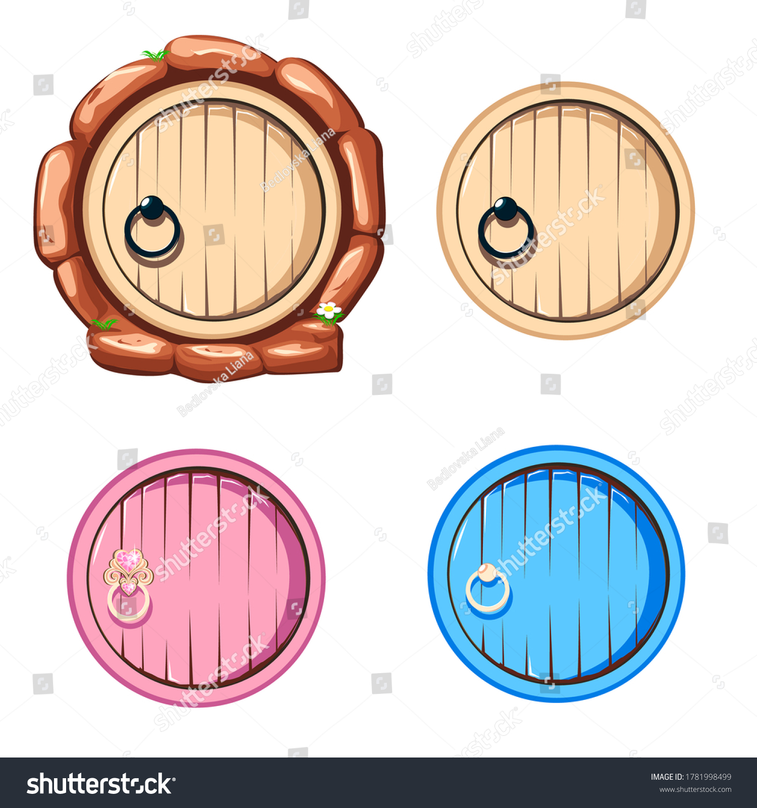 SVG of Round antique wooden door with a forged handle. Set of fairy doors isolated on white background. svg
