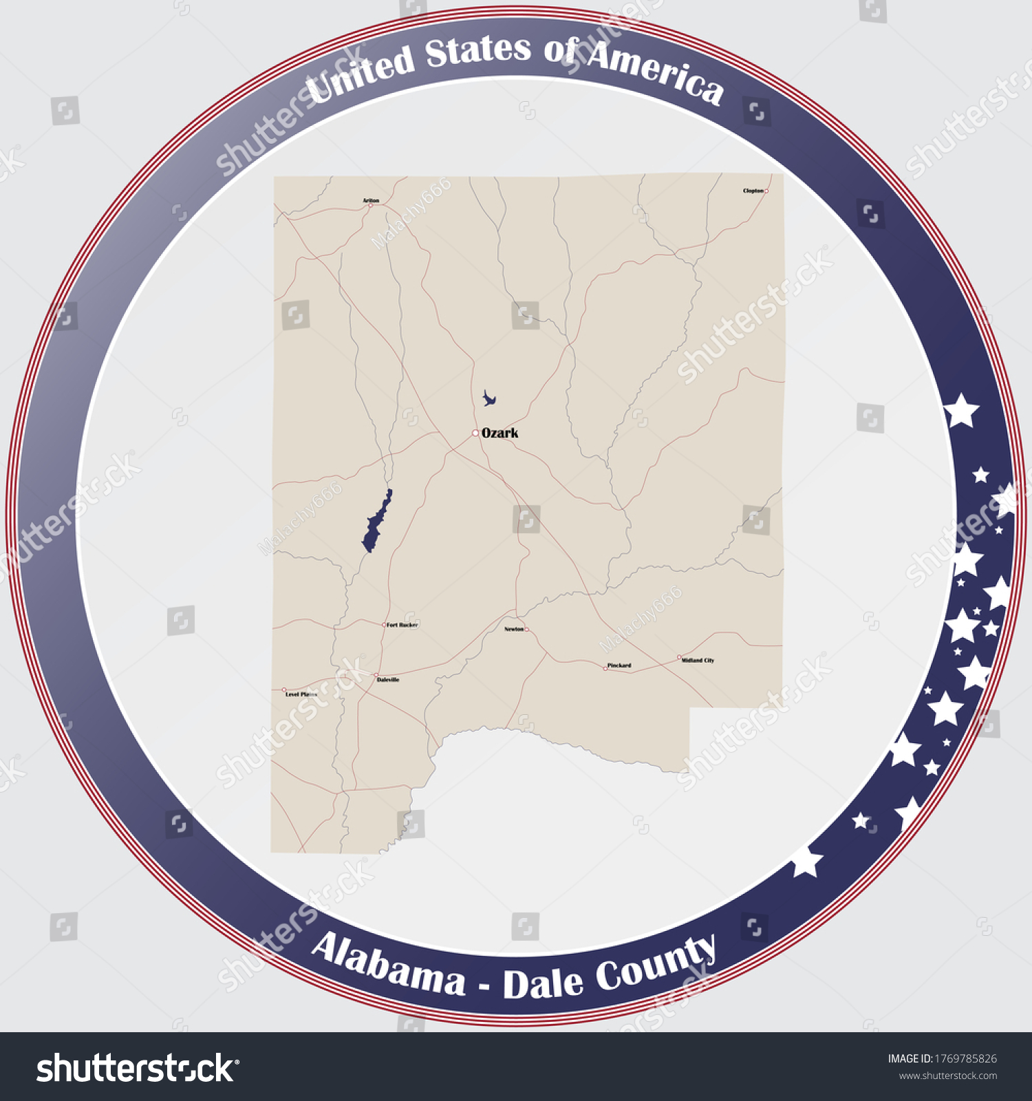 SVG of Round button with detailed map of Dale county in Alabama, USA. svg