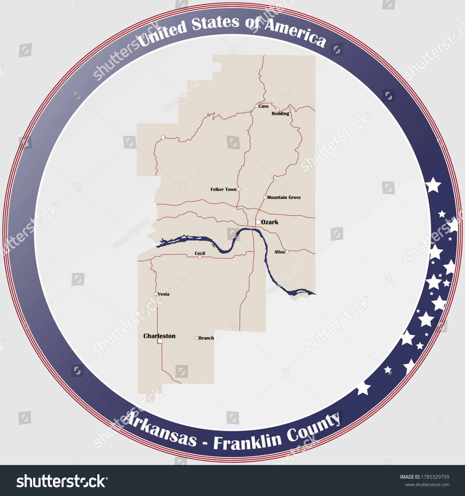 SVG of Round button with detailed map of Franklin County in Arkansas, USA. svg