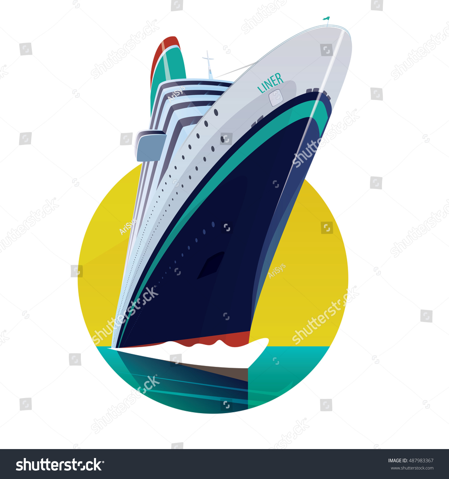 SVG of Round emblem on a white background with a modern passenger ship with the inscription liner. Front view. Vector illustration svg