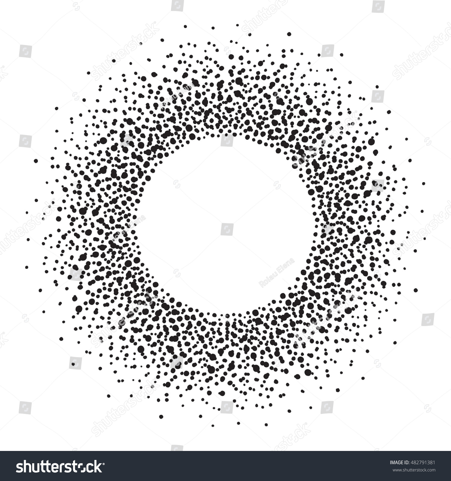テキスト用の空白の枠 墨 しぶき 斑点 点 斑点など様々な大きさの斑点でできた枠 円の形状 白黒の抽象的背景 のベクター画像素材 ロイヤリティフリー