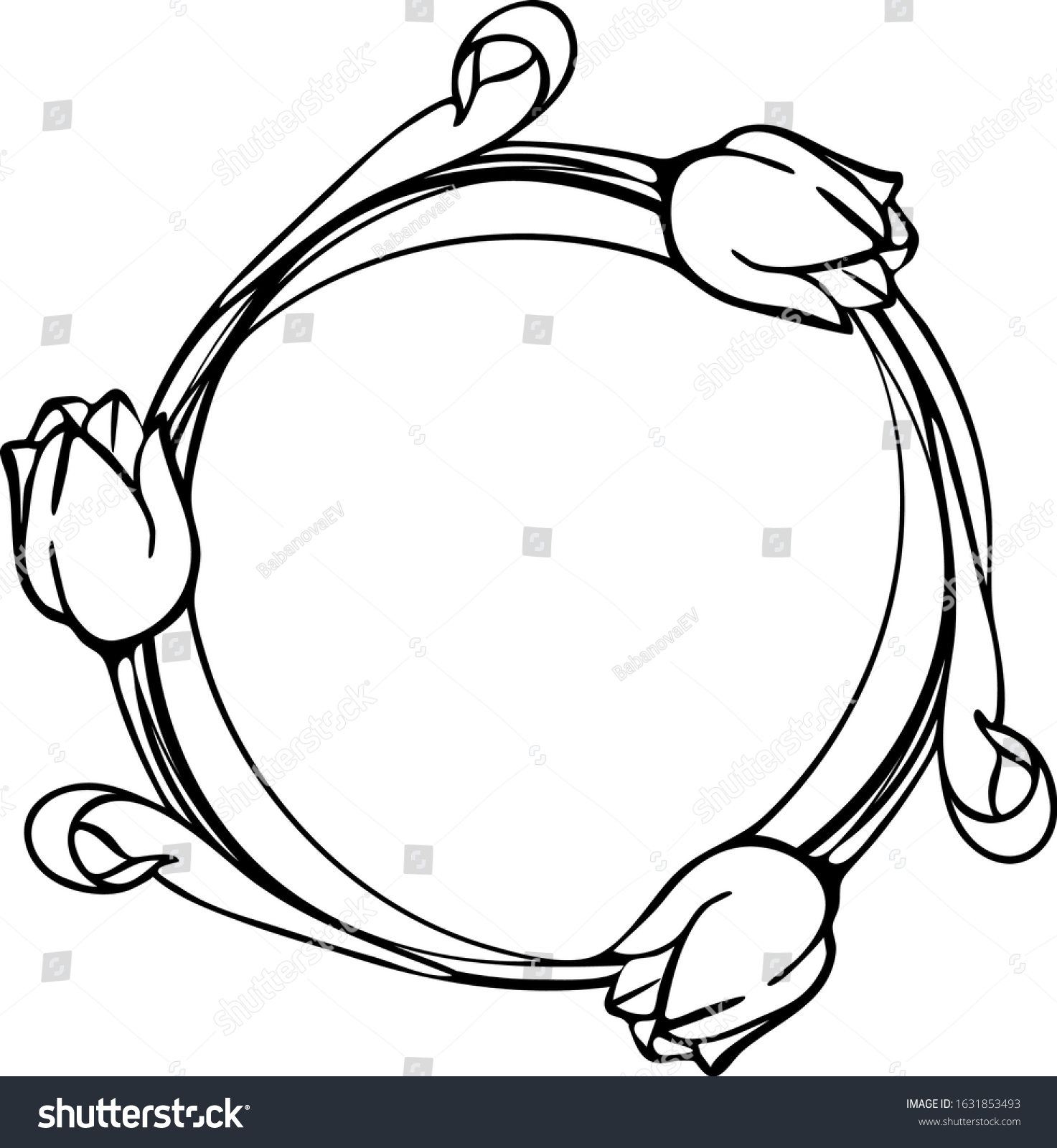 SVG of round frame with tulips. decorative frame for cutting paper, laser or plotter. Easter composition with flowers. Floral bouquets SVG. Cut file for cutting machines svg
