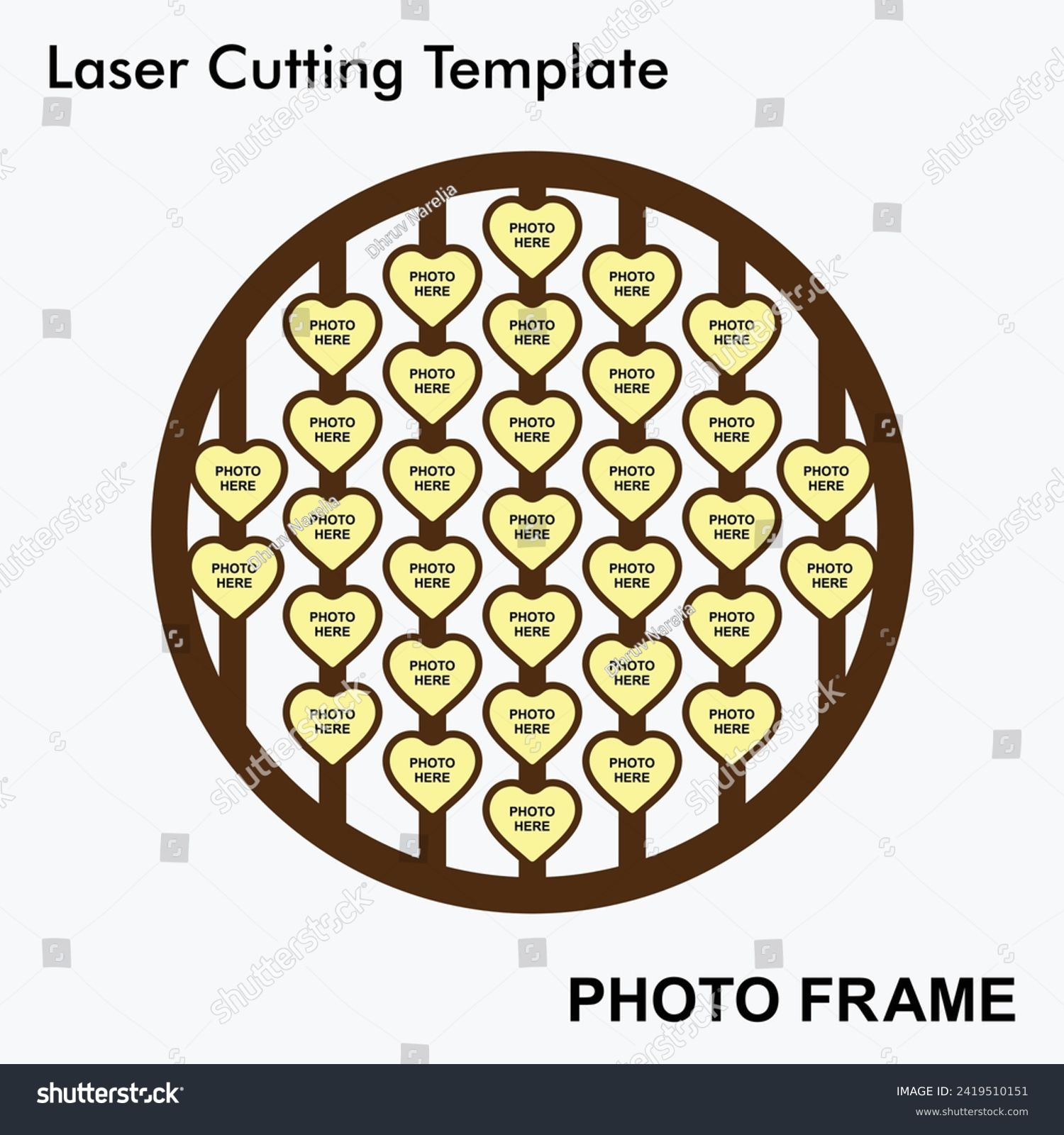 SVG of Round shaped modern design Laser cut photo frame with 33 Heart photos. Creative and beautiful frame suitable for Home and Room Decor. Laser cut photo frame template design for mdf and acrylic cutting. svg
