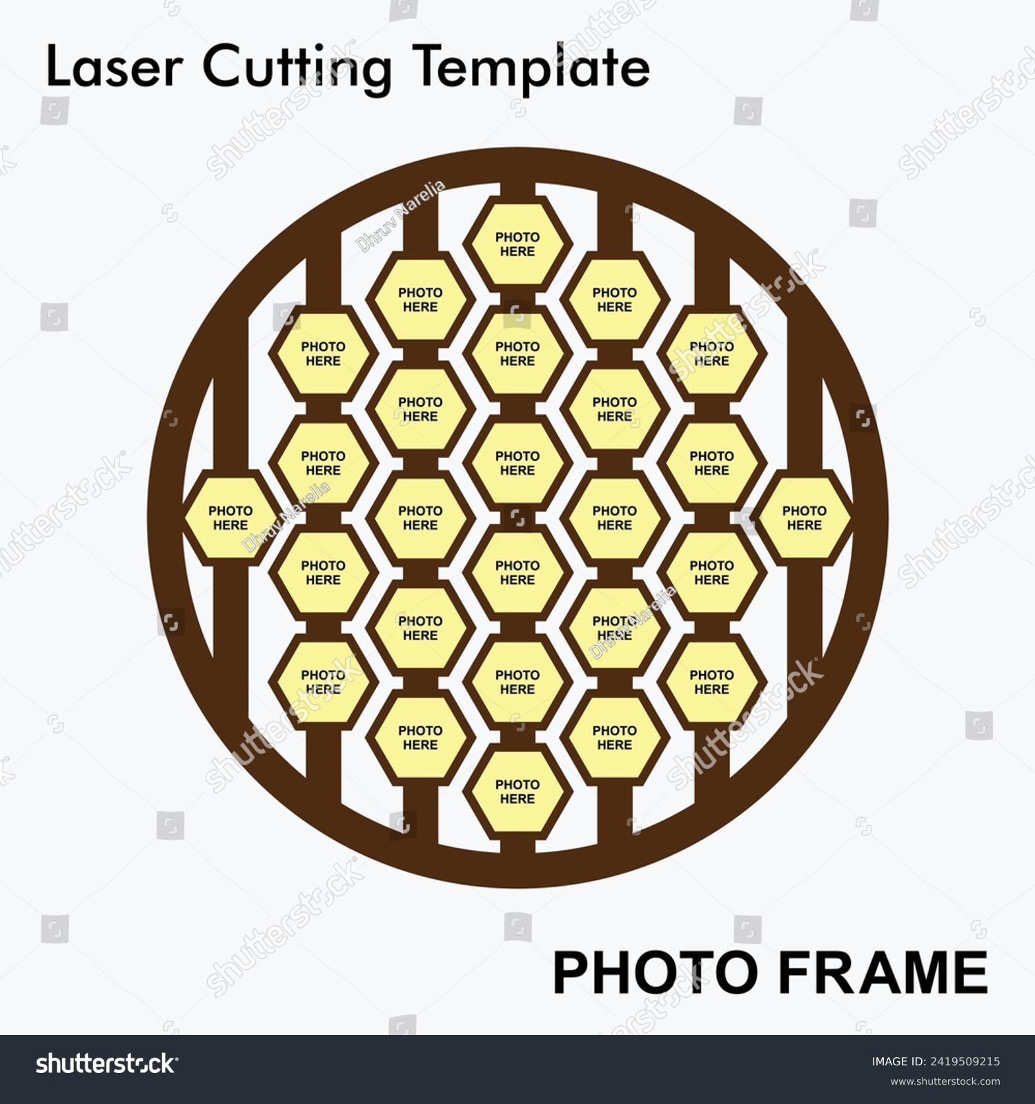 SVG of Round shaped modern design Laser cut photo frame with 26 photos. Creative and beautiful frame suitable for Home and Room Decor. Laser cut photo frame template design for mdf and acrylic cutting. svg