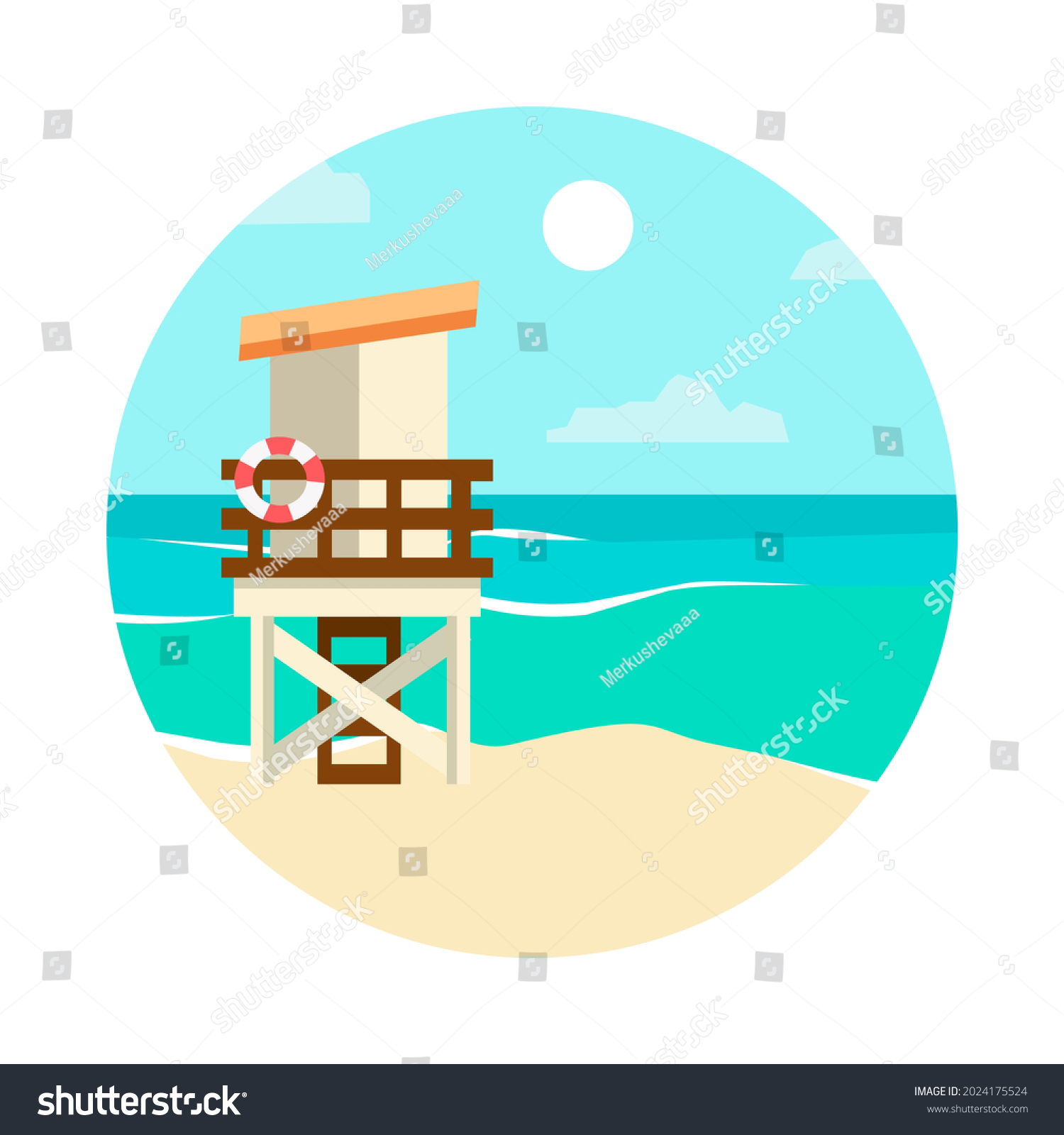 SVG of Rounded landscape beach vector illustration. Sea, ocean, water, save tower. svg