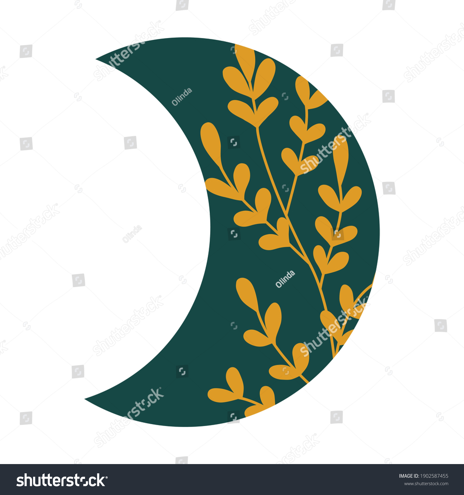 SVG of Royal green crescent moon phase with golden lace floral ornament. Design element for logos icons. Vector illustration. Modern Boho style doodle art svg