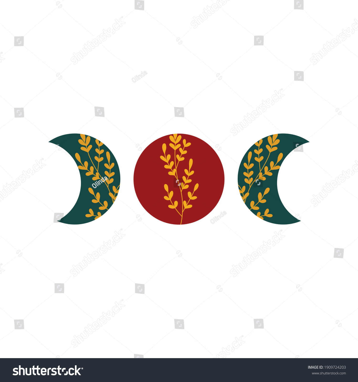 SVG of Royal green crescent red moon phases with golden lace floral ornament. Design element for logos icons. Vector illustration. Modern Boho style doodle art svg