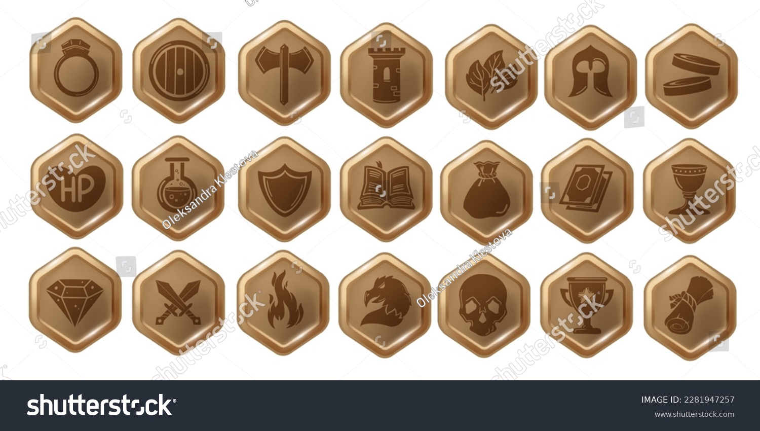 SVG of RPG game icon set, hexagon UI badge kit, mobile app button collection, vector health heal sign. Dungeon dragon entertainment concept, skill award, knight sword, magician potion. RPG icon pictogram svg