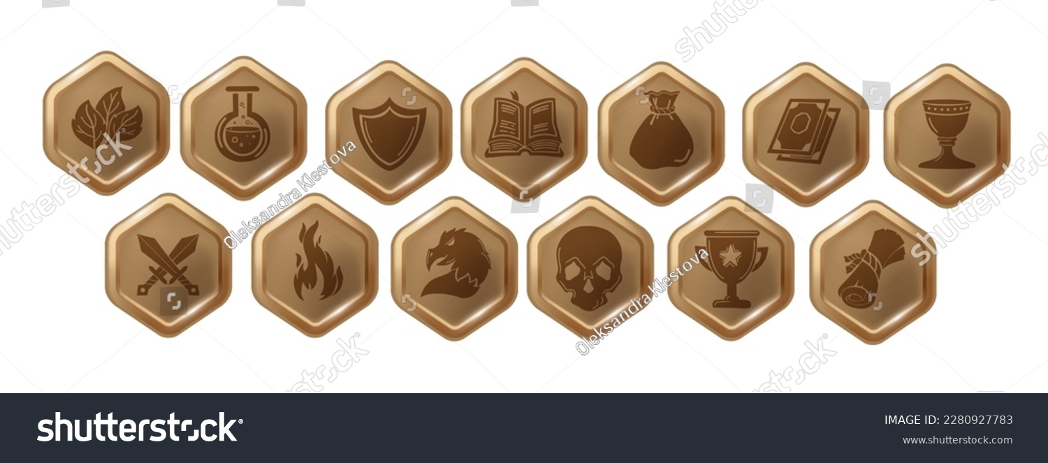 SVG of RPG game icon set, vector hexagon UI badge kit, mobile app button collection, health heal sign. Dungeon dragon entertainment concept, skill award, knight sword, magician potion. RPG icon pictogram svg