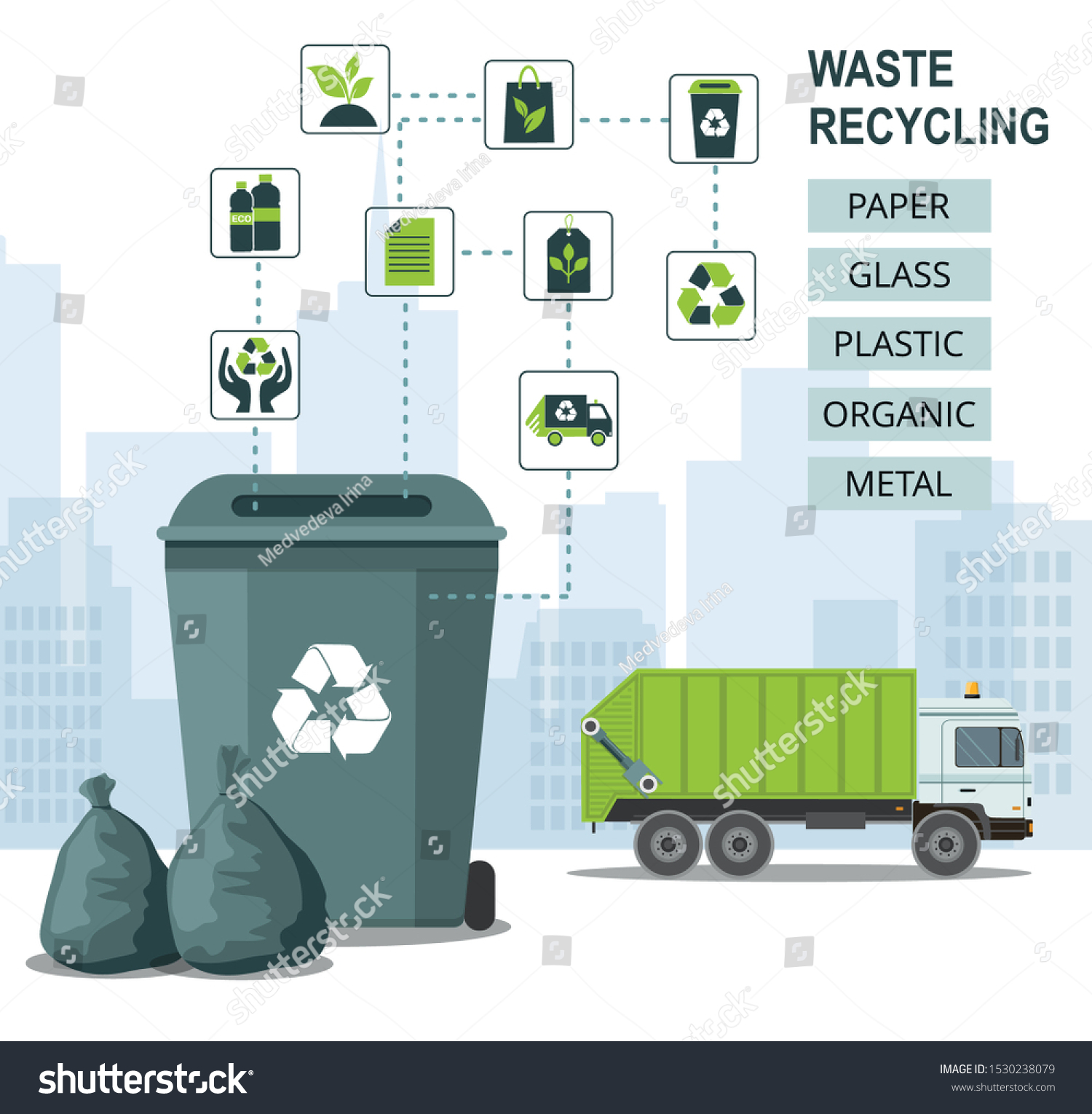 SVG of Rubbish bins for recycling different types of waste on city background and garbage truck. Sort plastic, organic, e-waste, glass, paper. Vector Infographic  svg