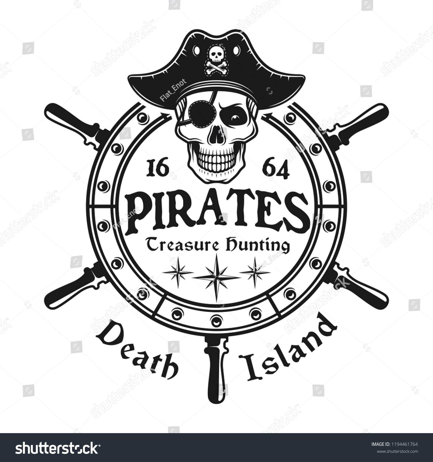 SVG of Rudder wheel with pirate skull in hat vector emblem in monochrome vintage style isolated on white background svg