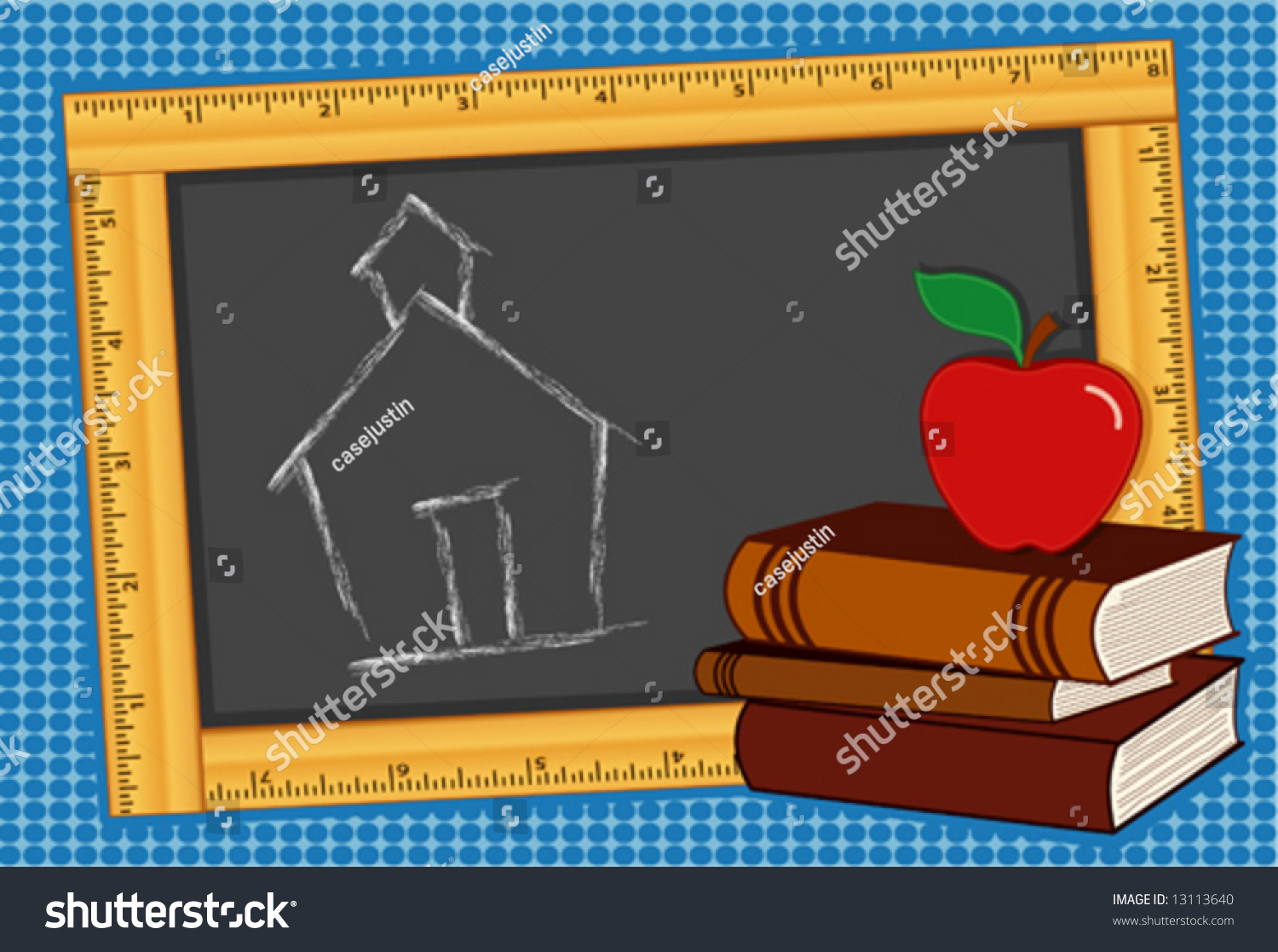 Ruler Blackboard, Schoolhouse Chalk Drawing, Stack Of Books, Apple ...