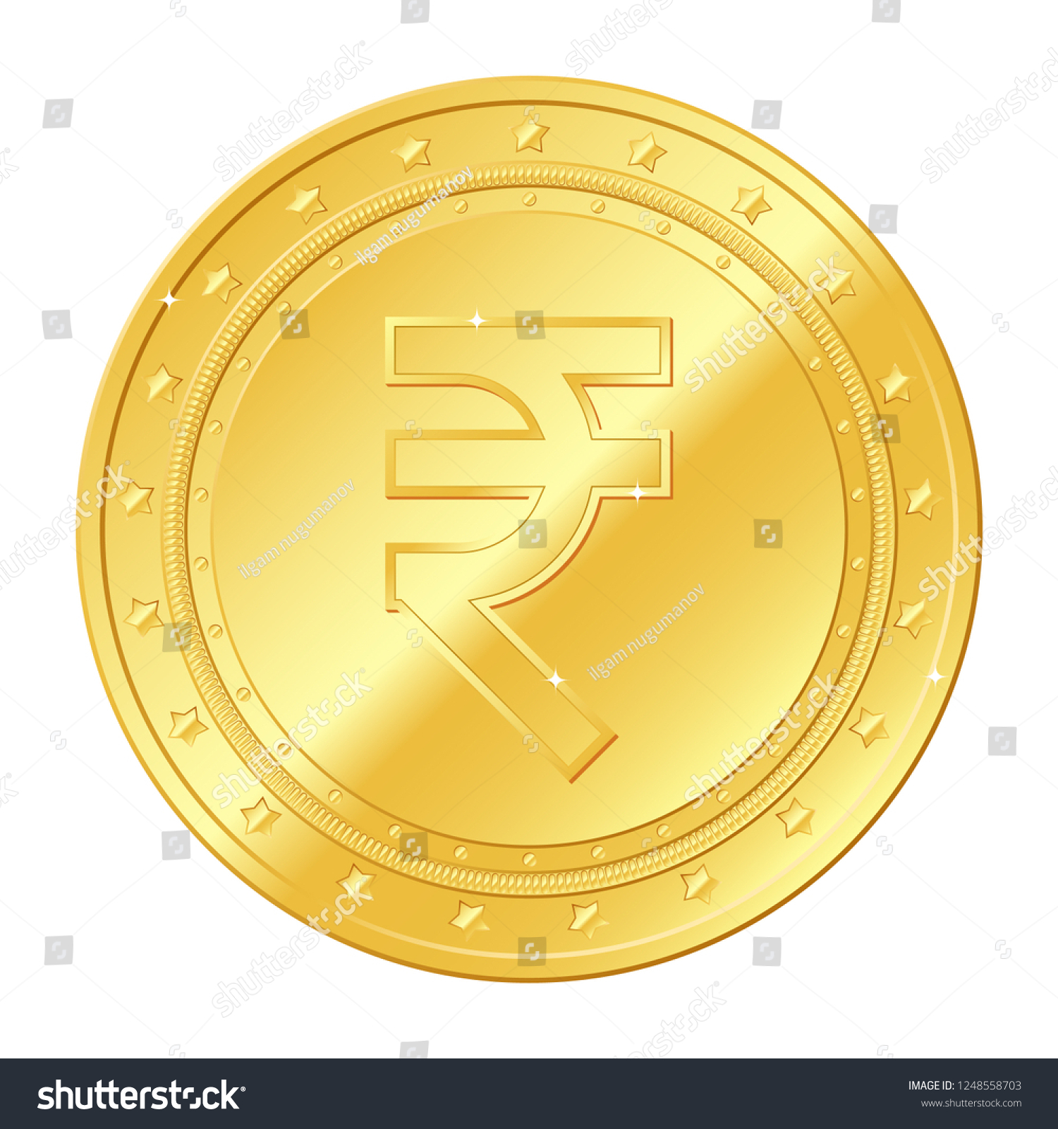 SVG of Rupee currency gold coin with stars. Indian currency. Vector illustration isolated on white background. Editable elements and glare. Suitable for casino game. Gambling. Rich EPS 10 svg